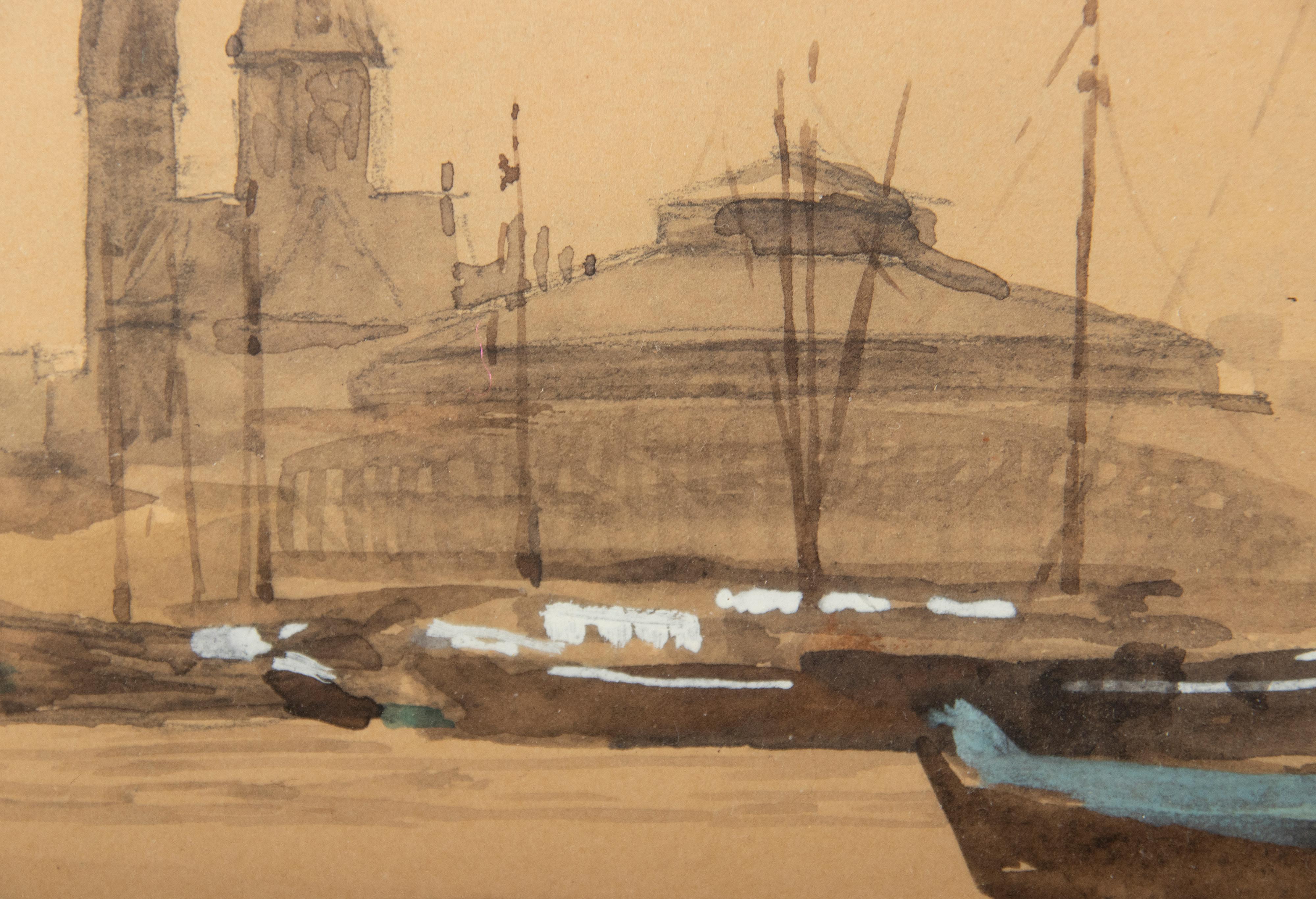 Early 20th Century Watercolor View on Harbor For Sale 6