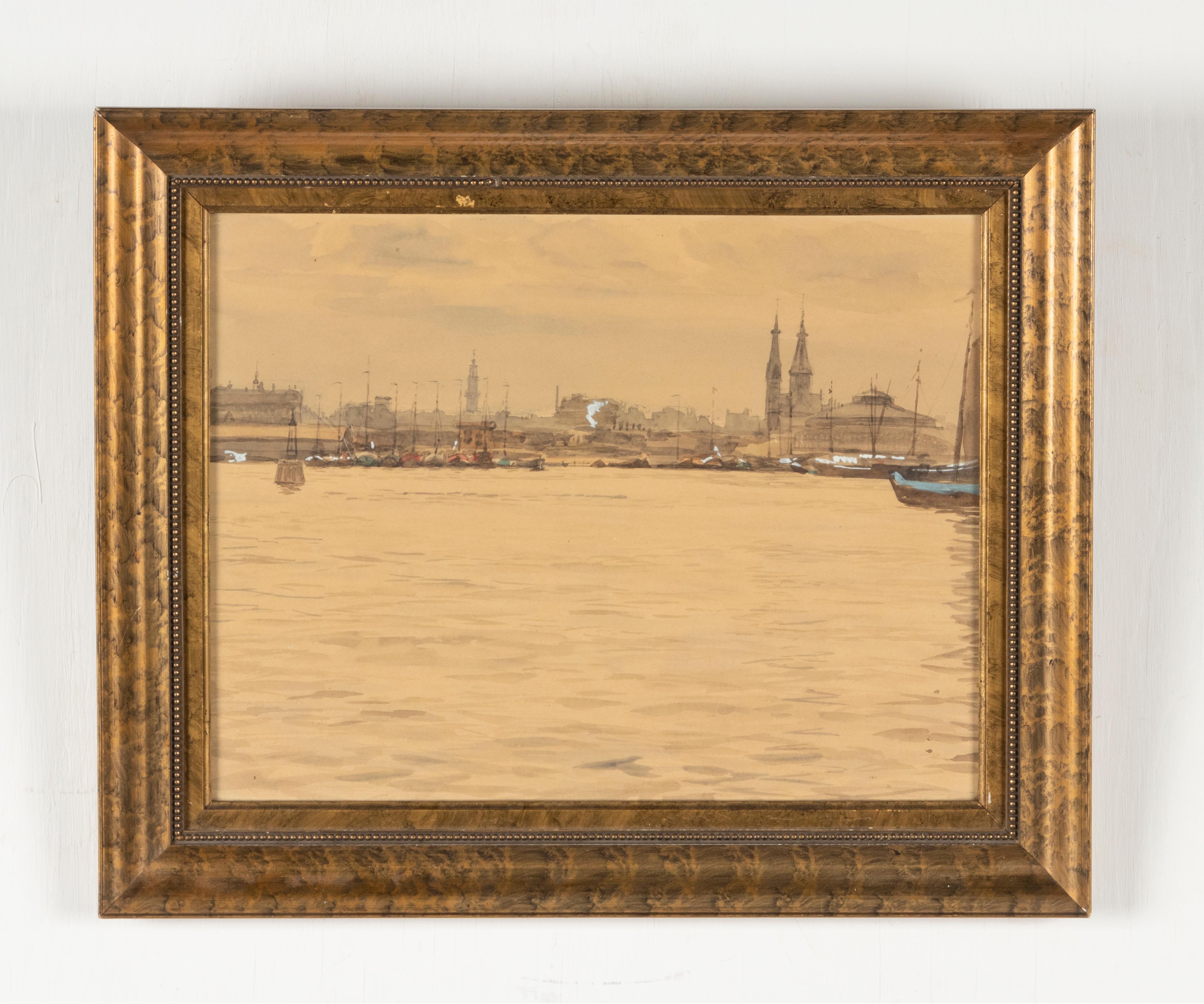 Decorative old watercolor of a harbor view. The work is not signed, maker unknown. With beautiful fine lines and a surefire touch. With a wooden hand painted frame, frames behind glass. 

Dimension frame: 41 x 34 cm
Dimensions painting: 32 x 25