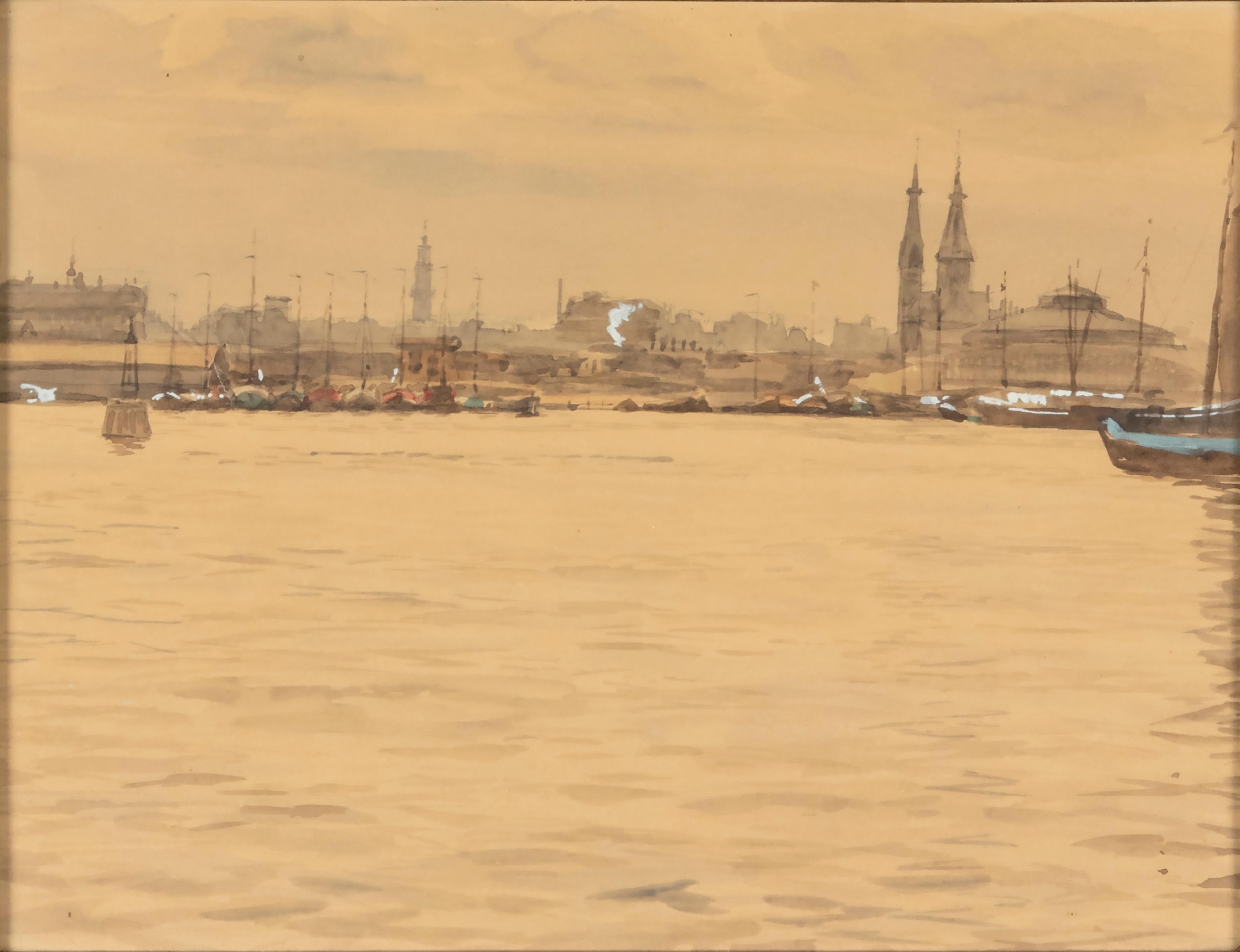 Belgian Early 20th Century Watercolor View on Harbor For Sale