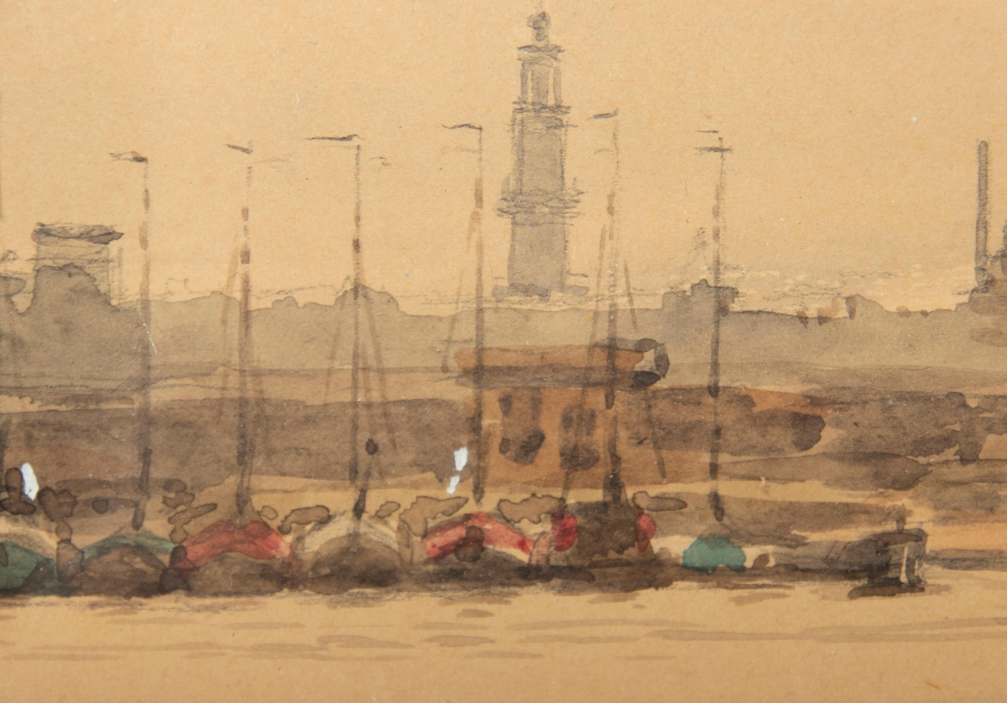 Early 20th Century Watercolor View on Harbor In Good Condition For Sale In Casteren, Noord-Brabant