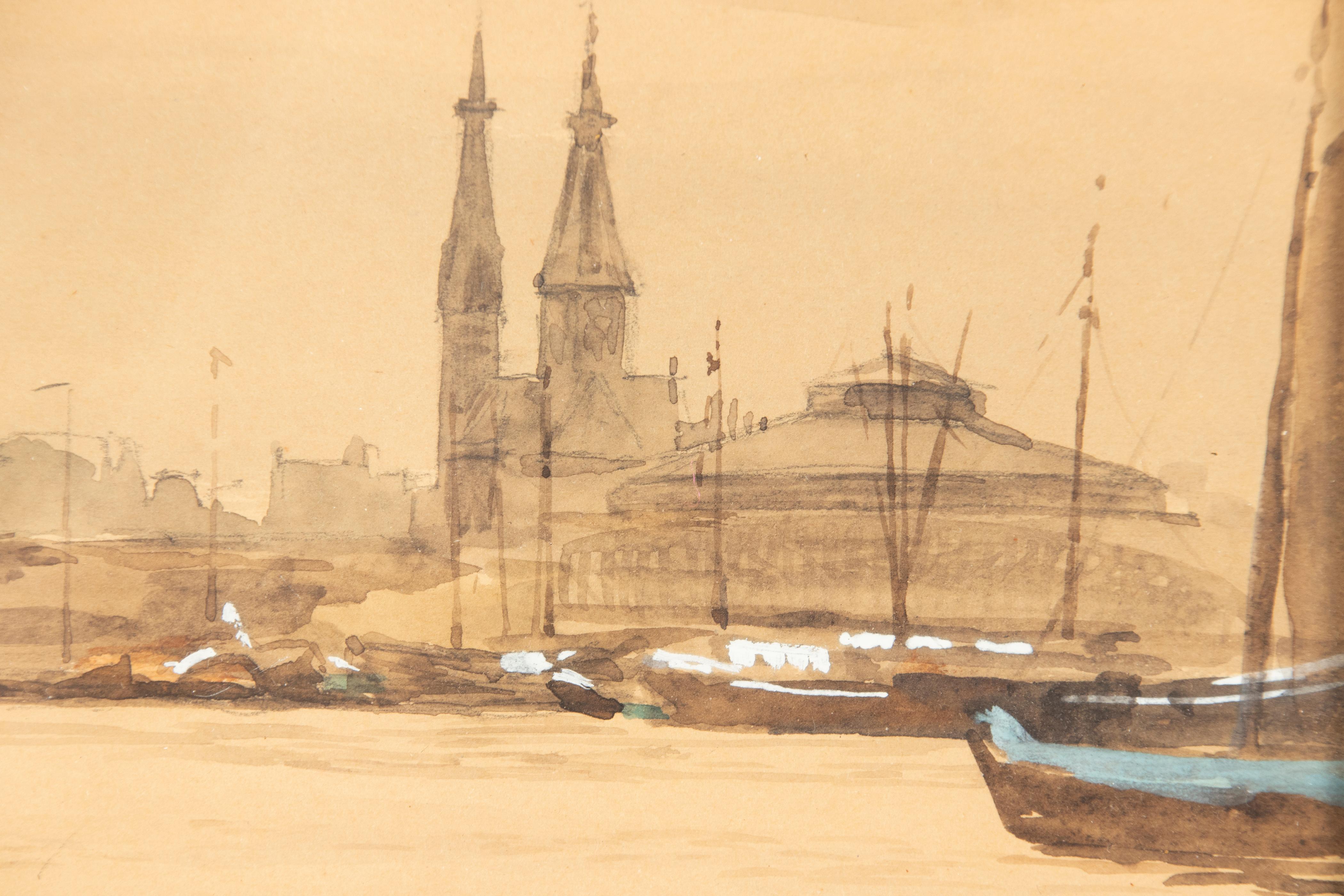 Début du 20ème siècle Aquarelle du début du XXe siècle - Vue d'un port en vente