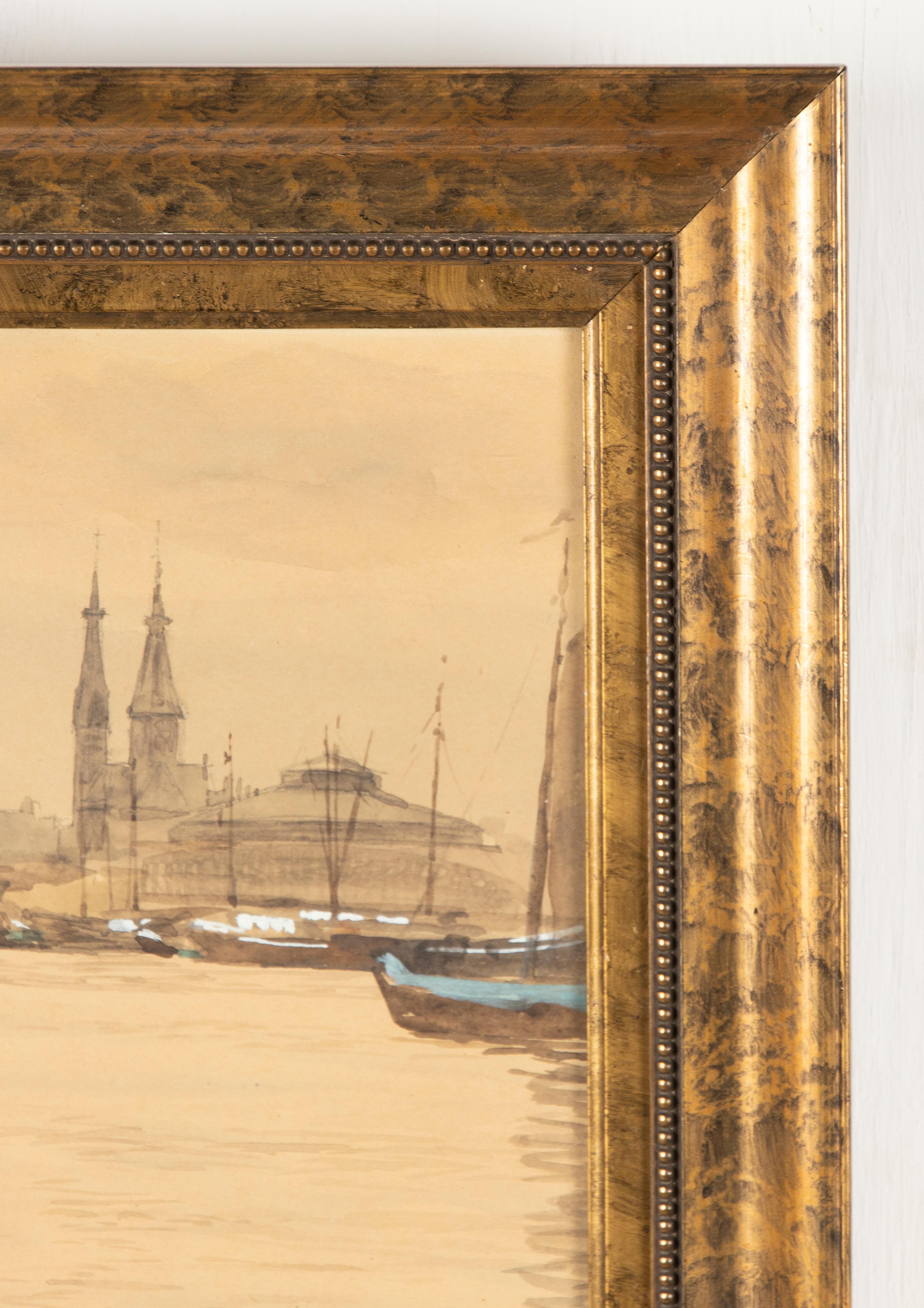 Pin Aquarelle du début du XXe siècle - Vue d'un port en vente