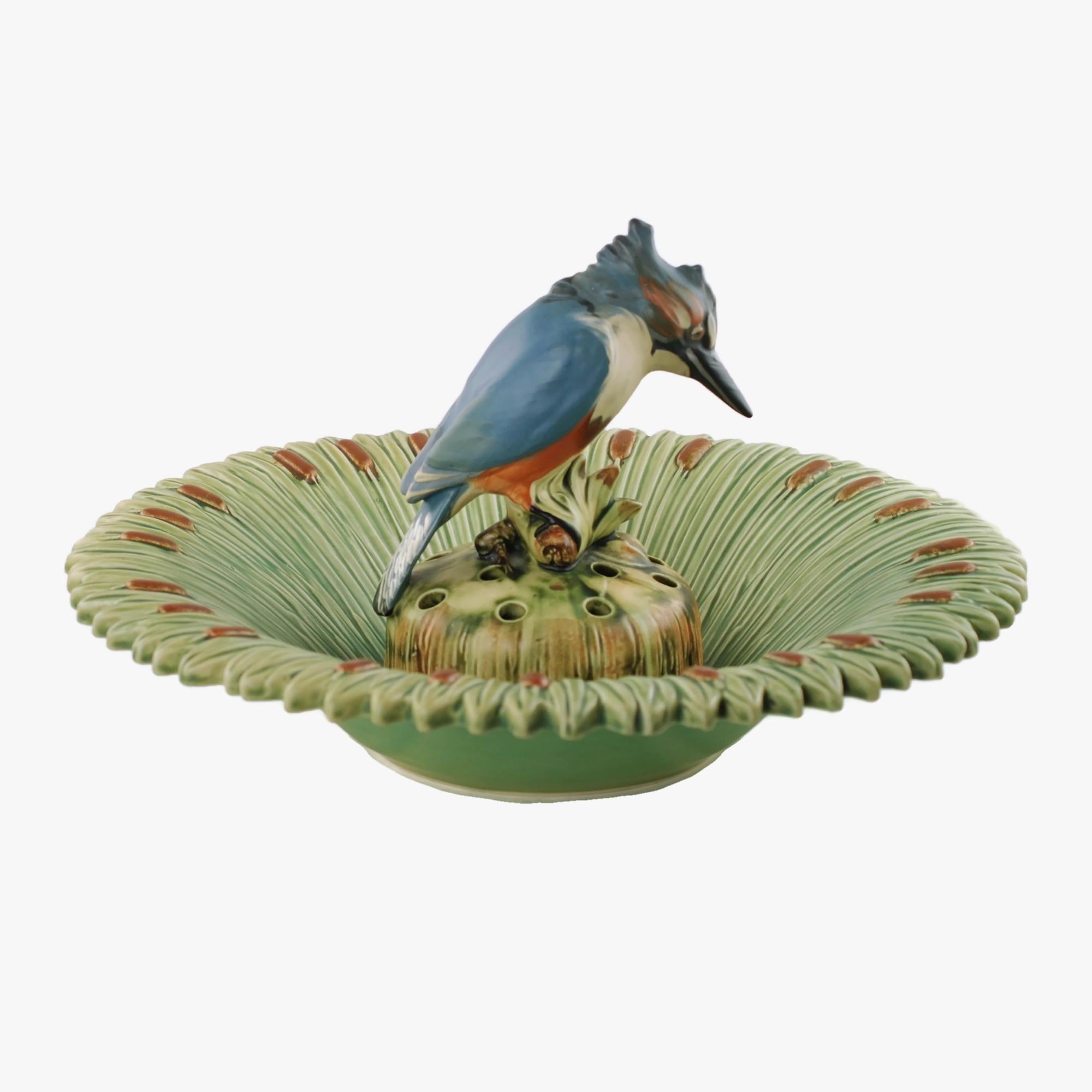 This beautifully decorated American Arts & Crafts era flower frog and associated console bowl were made by Weller Pottery of Ohio and are from Weller's popular Ardsley range. The flower frog has been crafted in the form of large ovoid mossy rock