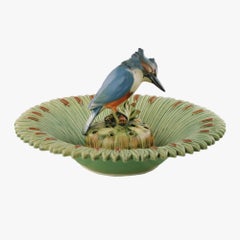 Early 20th Century Weller Ware Ardsley Kingfisher Flower Frog and Cattail Bowl