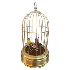 Westdeutscher Zwei-Vogel-Gesangsautomat in vergoldetem Messingkäfig aus dem frühen 20.