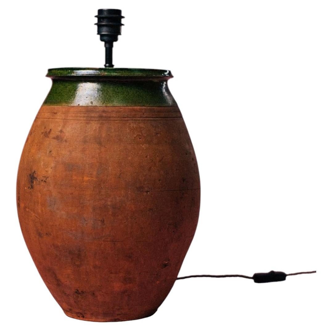 Early 20th Century Western Turkey Green Glazed Terracotta Olive Oil Jar Lamp