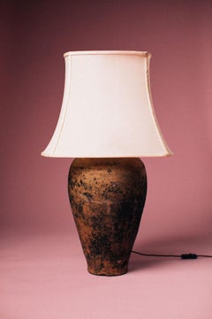 Early 20th Century Western Turkey Smoke Fired Terracotta Oil Pot Table Lamp