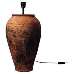 Early 20th Century Western Turkey Smoke Fired Terracotta Oil Pot Table Lamp