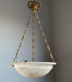 Nice Early 1900 White Alabaster Art Deco Pendant & Stunning Gilt Bronze Chain