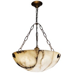 Early 20th Century White & Black Veins Art Deco Alabaster Pendant /Light Fixture