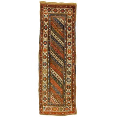 Early 20th Century White Blu Green Wool Caucasion Ghendje Runner Rug, circa 1920