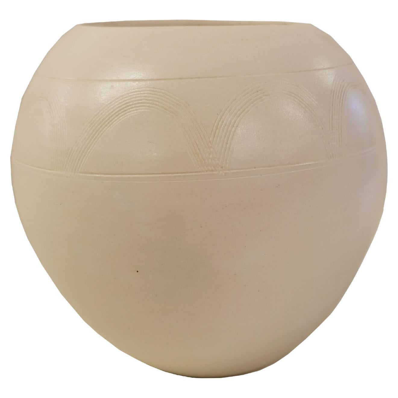 Early 20th Century White Clay Zulu Pot with Intricate Arch Etchings