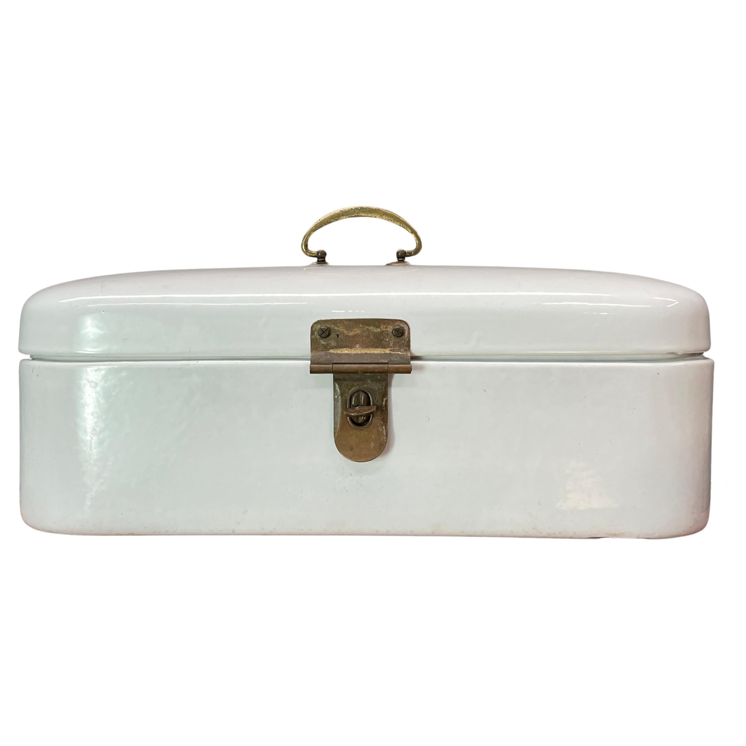 Early 20th Century White Enamel Brass Hinged Box Remote Trinket Storage Decor For Sale