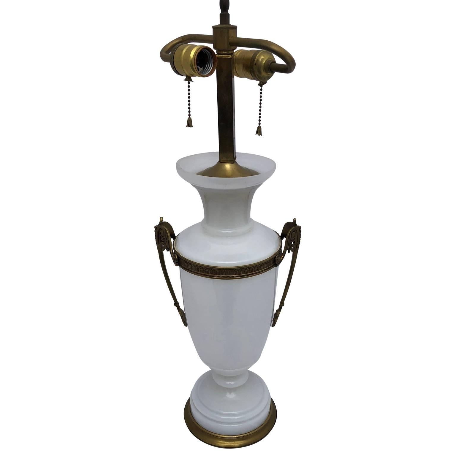 Early 20th century white opaline an bronze table lamp.