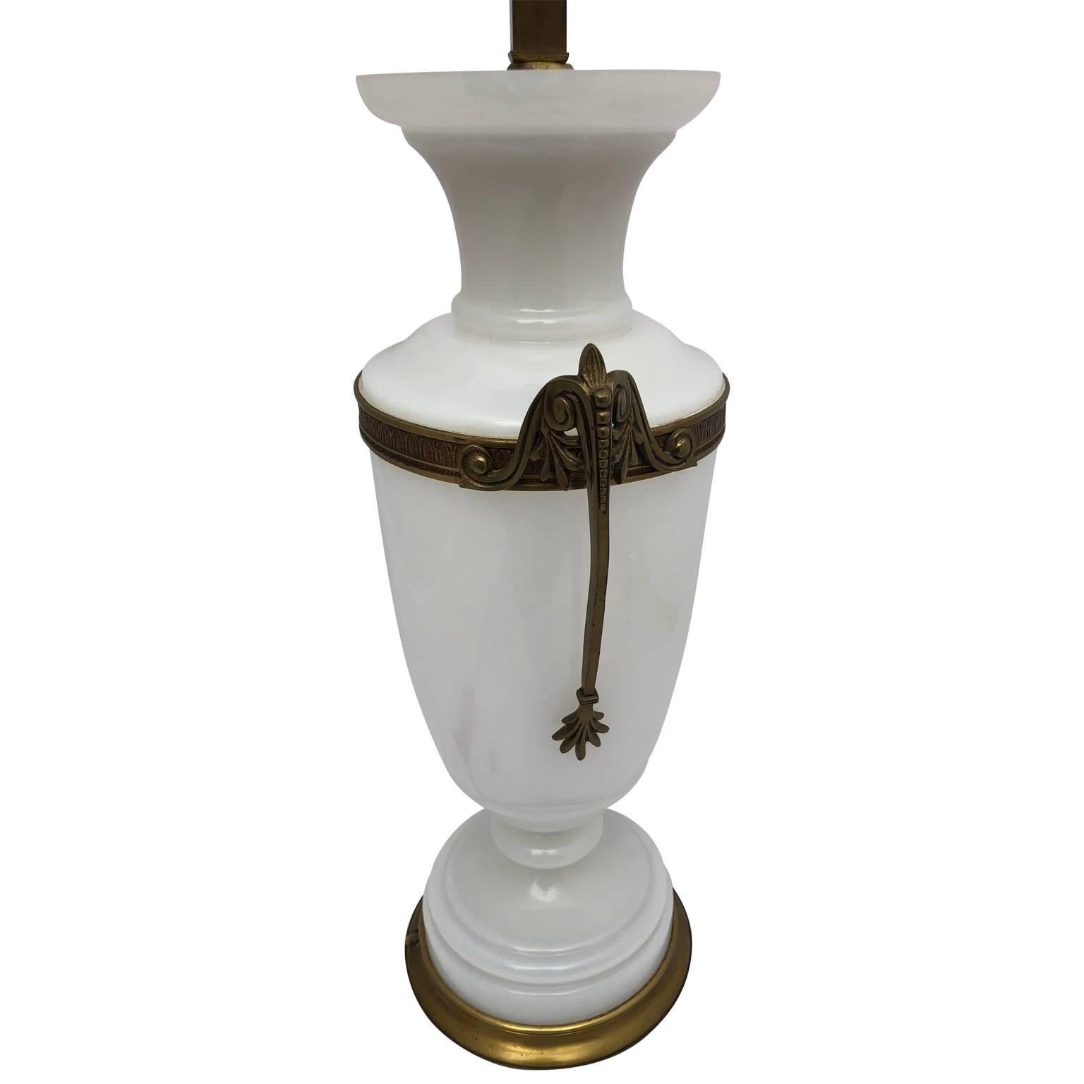 Empire Early 20th Century White Opaline an Bronze Table Lamp
