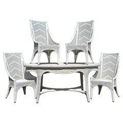 Early 20th Century White Painted handwoven Wicker Garden Dining Room Set