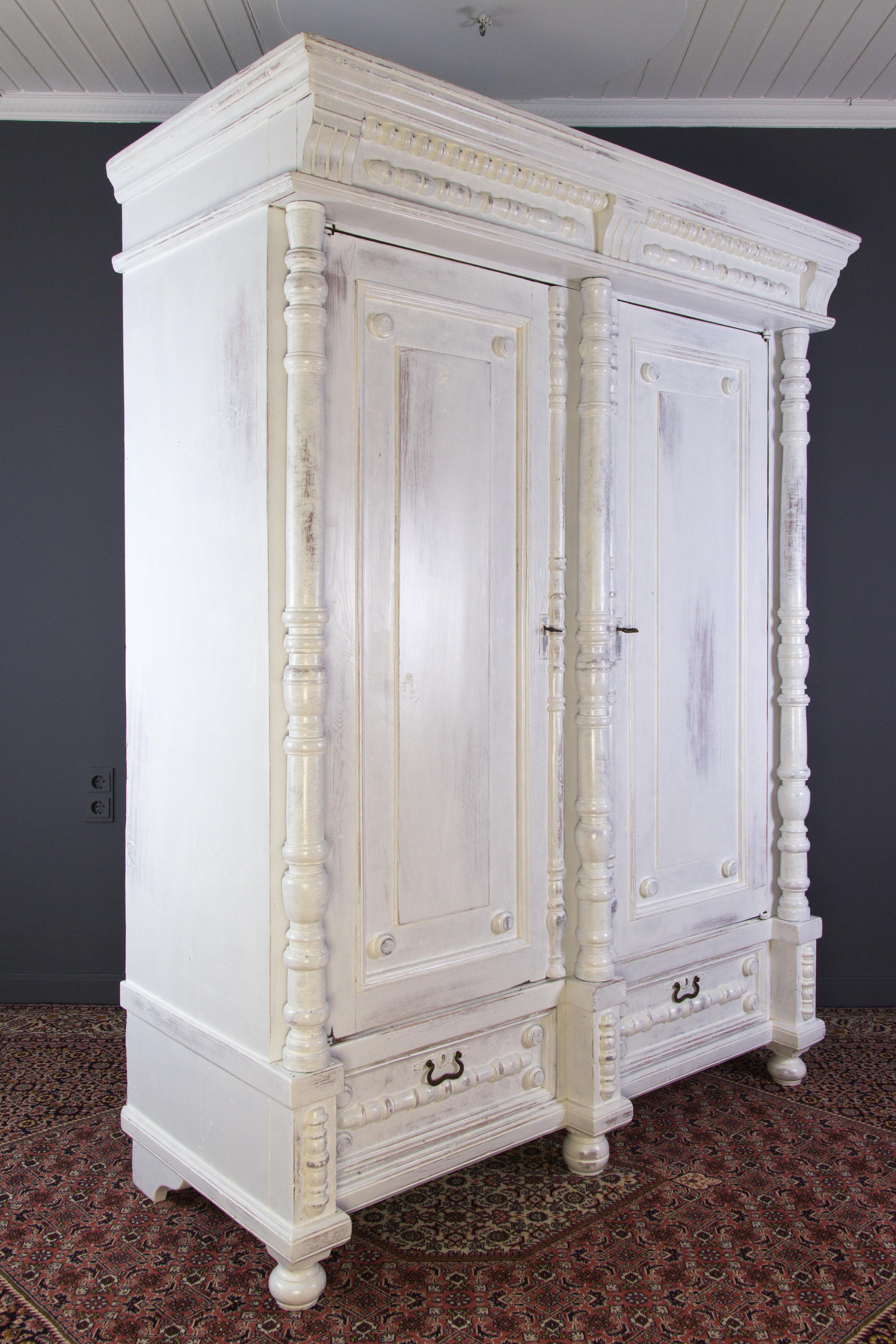 Art Nouveau Early 20th Century Whitewashed Massive Baltic Pine Two-Door Armoire For Sale