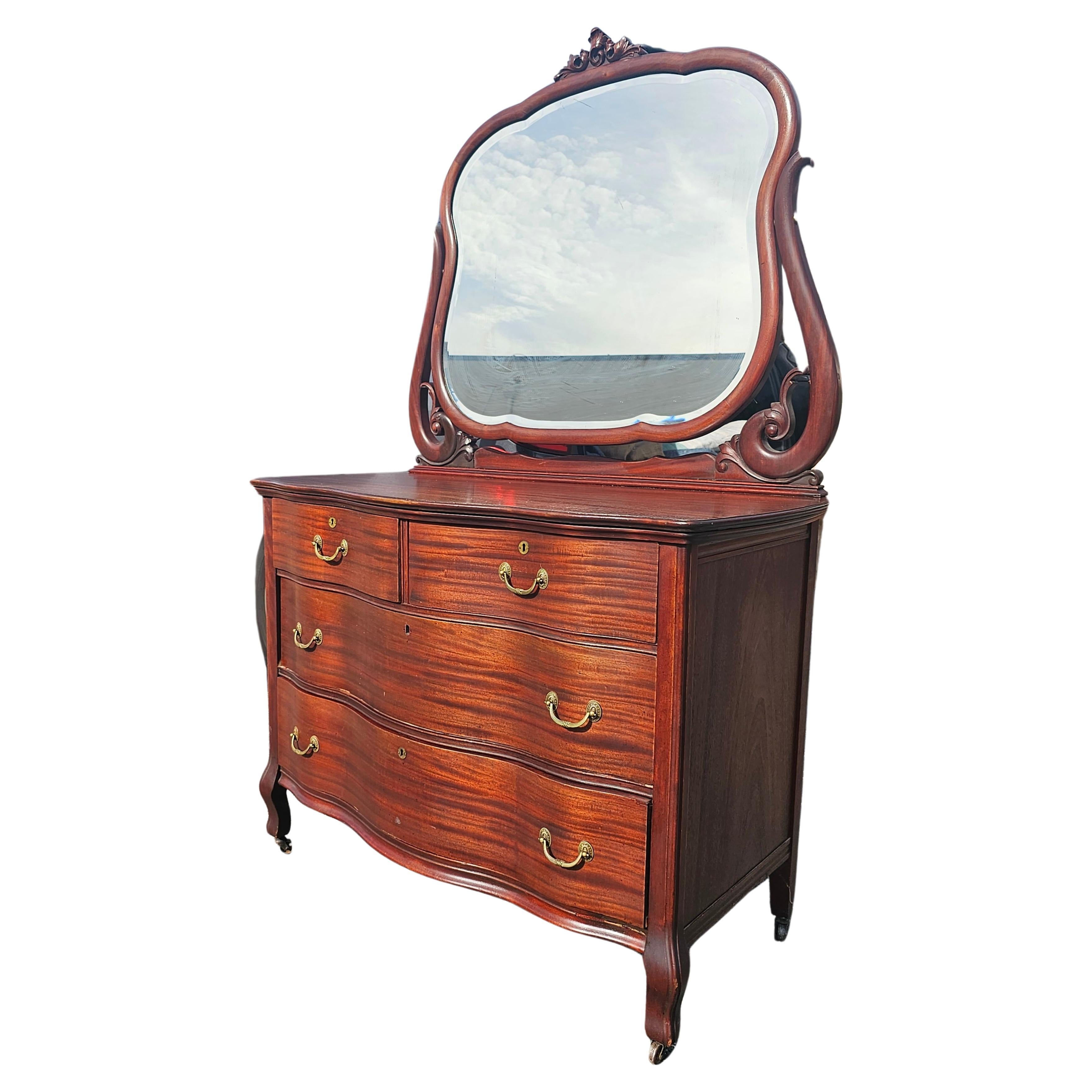 Other Early 20th Century Widdicomb Mahogany Serpentine Chest with Mirror on Wheels For Sale