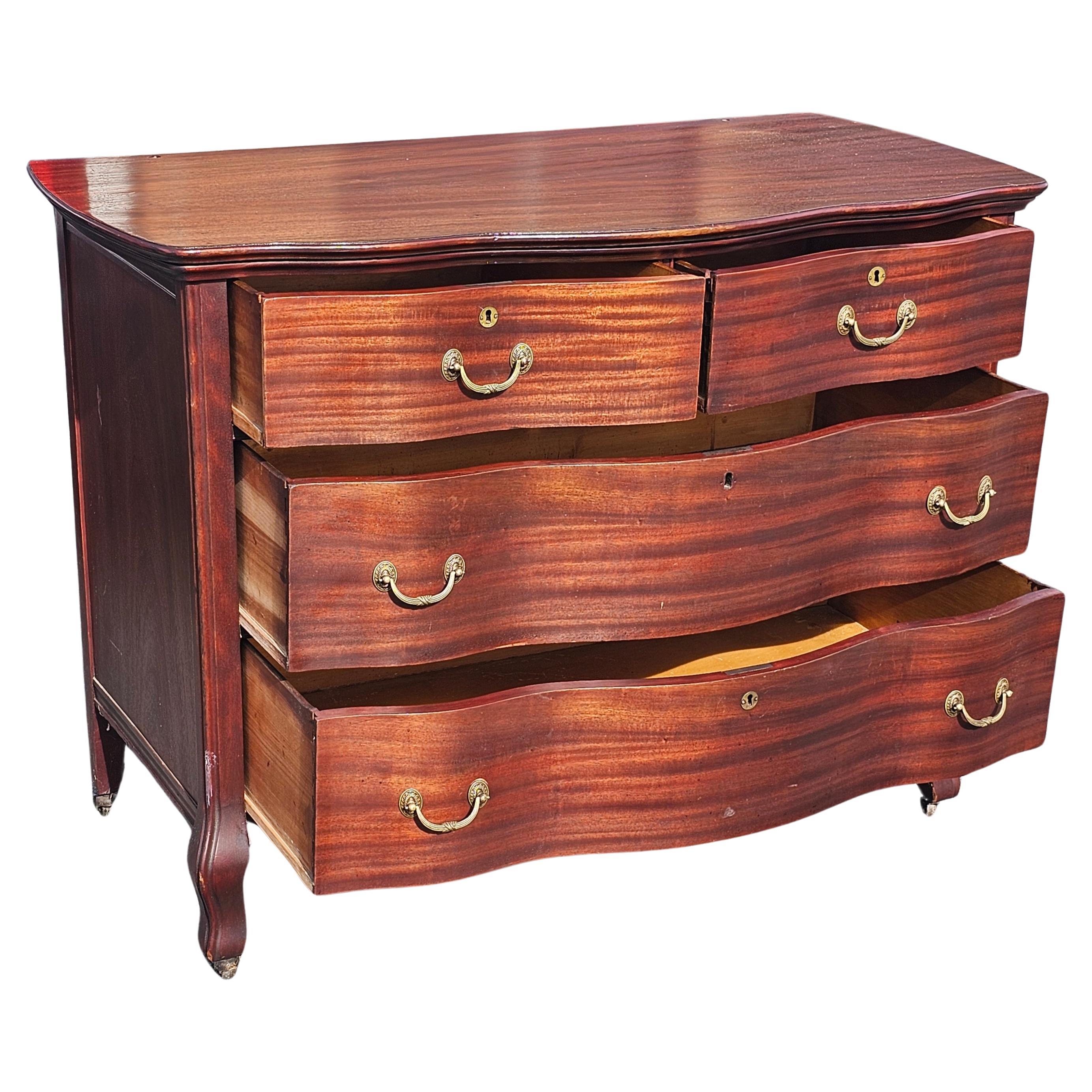 Early 20th Century Widdicomd Tiger Mahogany Serpentine Commode Chest on Wheels For Sale 1