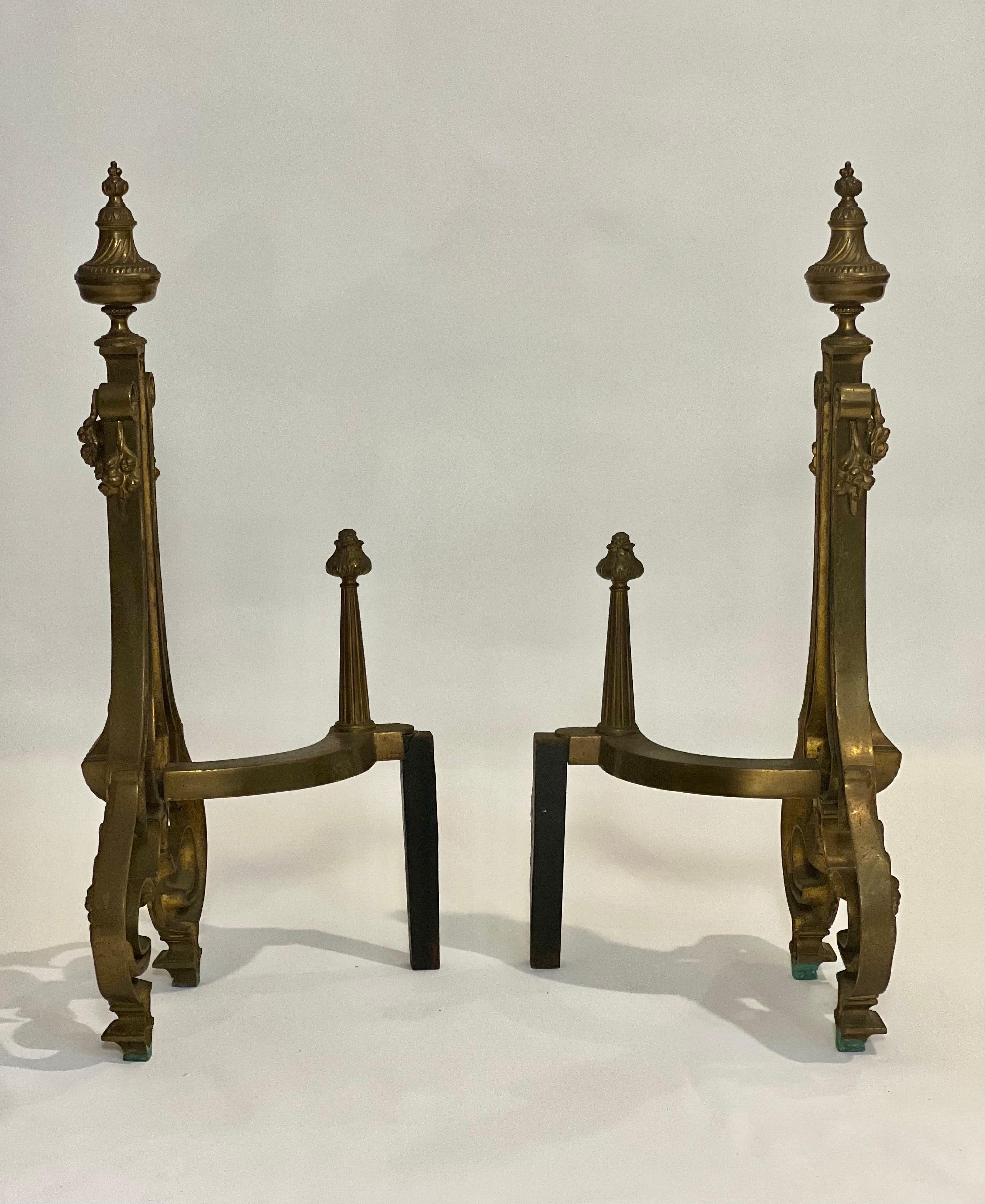 American William H. Jackson Company Neoclassical French Empire Style Gilt Brass Andirons For Sale