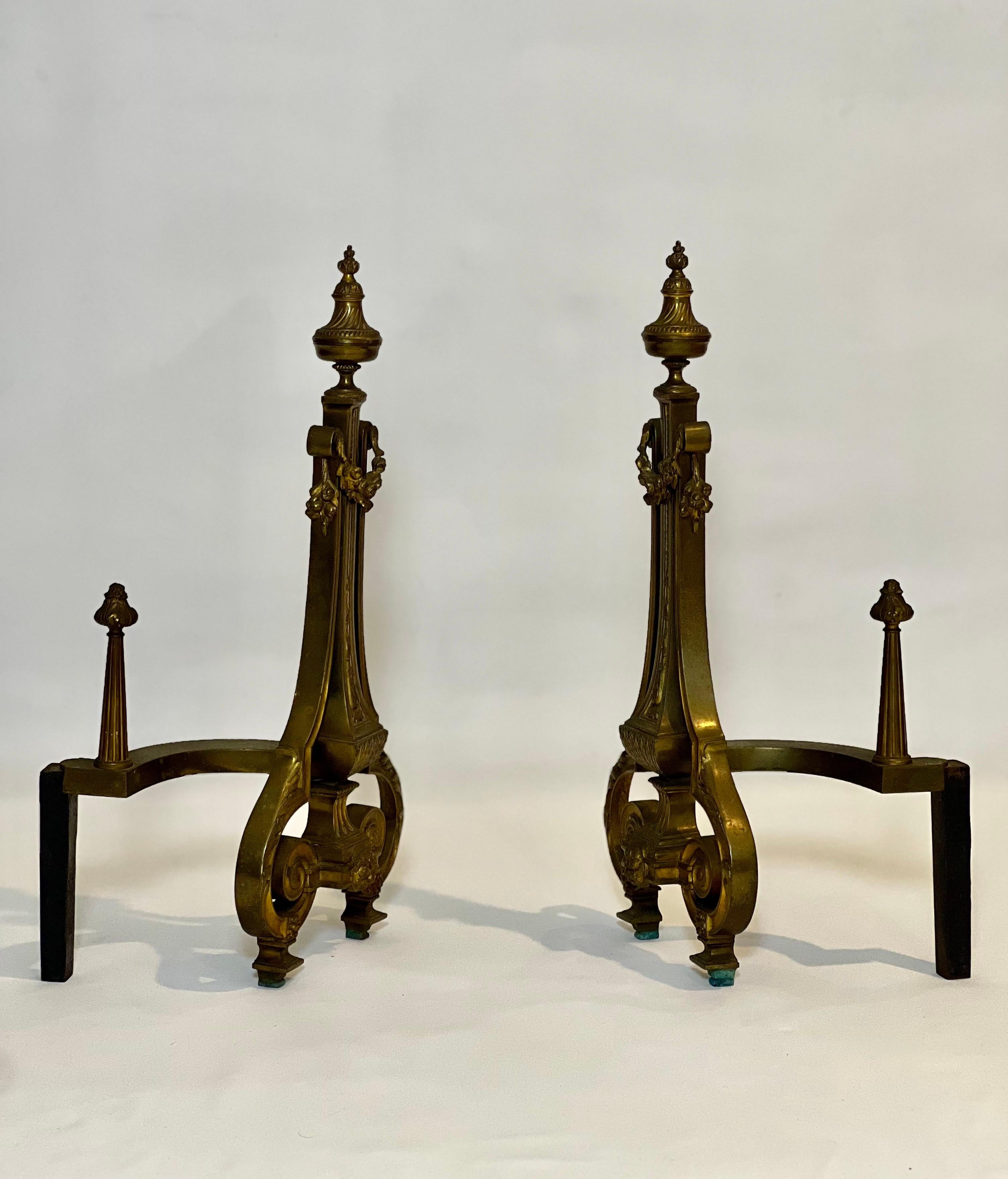 20th Century William H. Jackson Company Neoclassical French Empire Style Gilt Brass Andirons For Sale