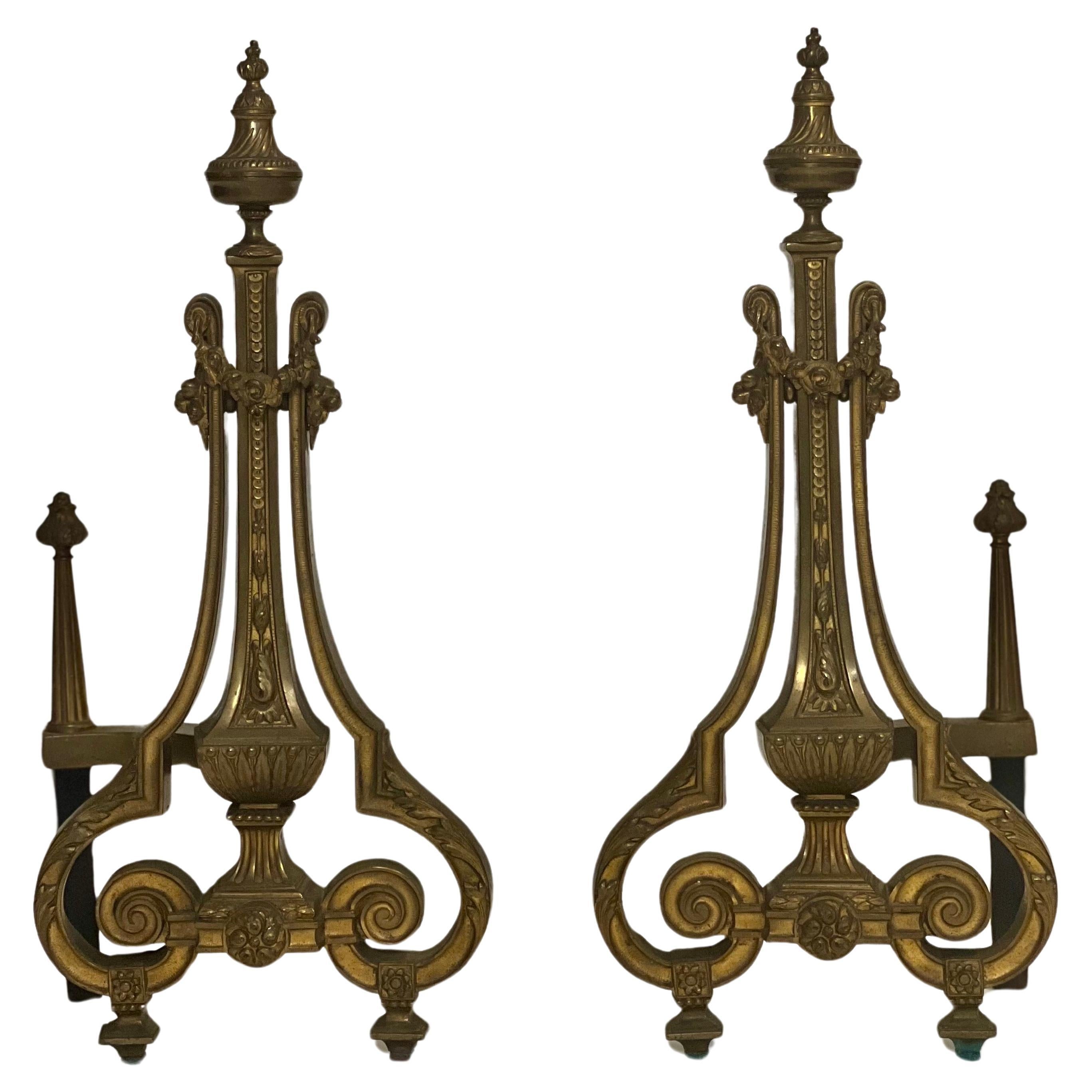 William H. Jackson Company Neoclassical French Empire Style Gilt Brass Andirons For Sale