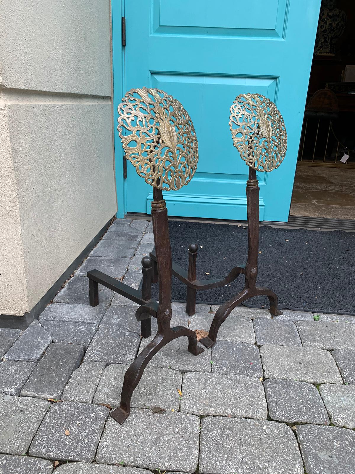 Early 20th Century William Jackson Brass and Iron Medallion Andirons, Signed In Good Condition In Atlanta, GA