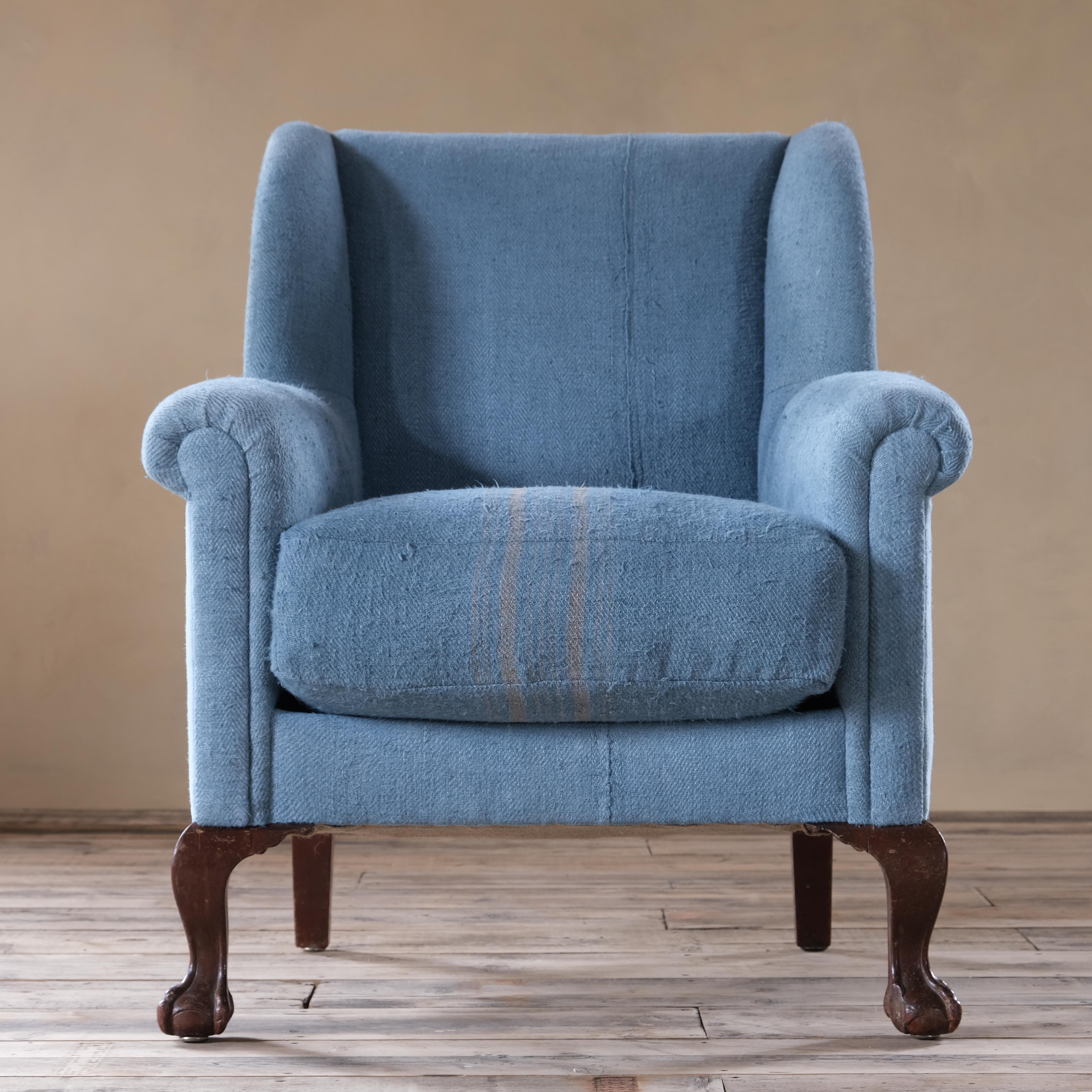 Victorian Early 20th Century Wingback Armchair in Grain Sacks For Sale