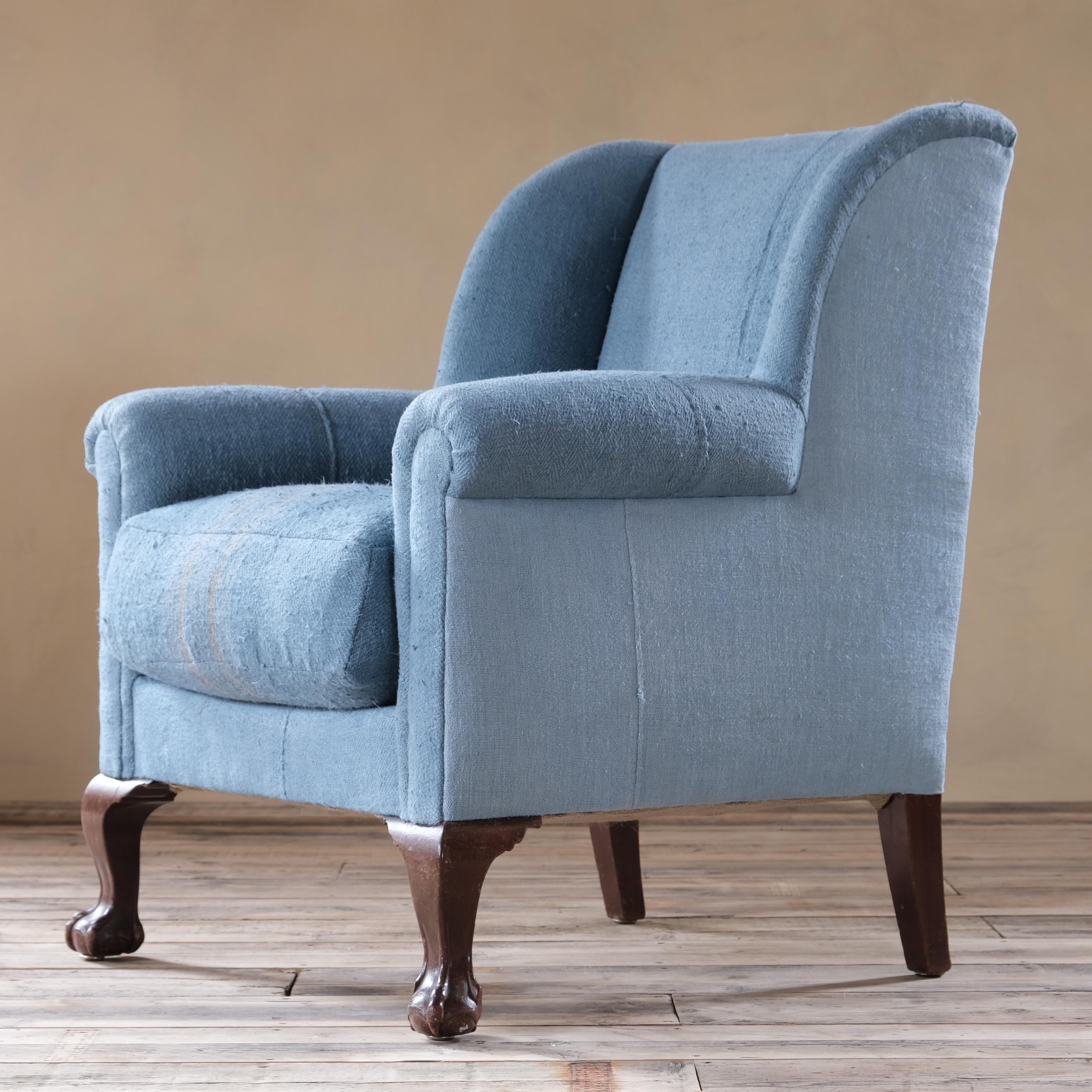 British Early 20th Century Wingback Armchair in Grain Sacks For Sale