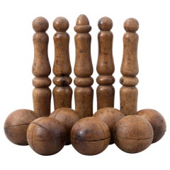 Early 20th Century French Wooden Bowling Game: Rustic Artwork & Timeless Fun
