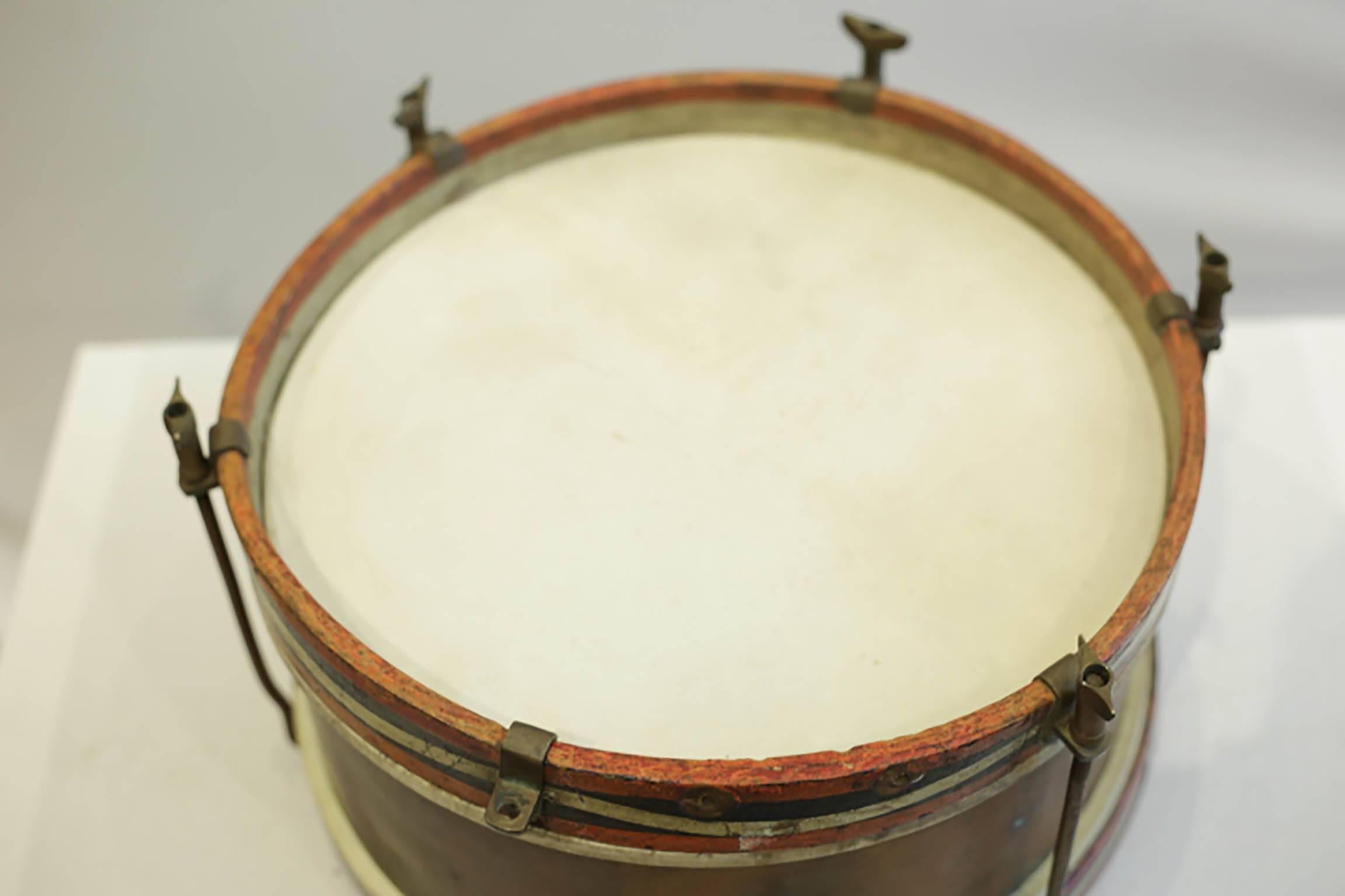 Early 20th Century Wood, Brass and Calfskin Snare Drum, circa 1920-1940s In Excellent Condition In San Francisco, CA