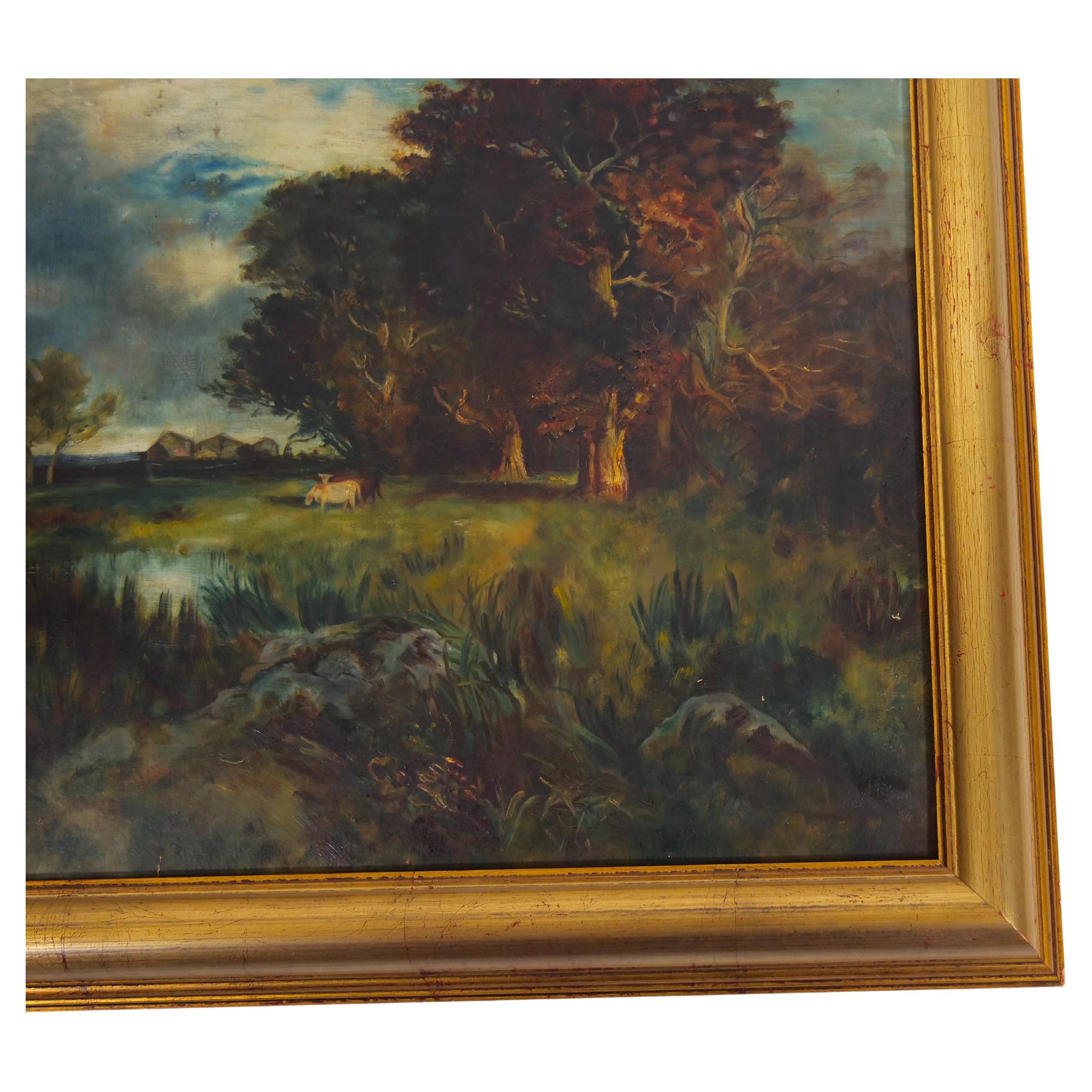 Early 20th century wood framed oil on board decorative hanging wall painting. The painting is in good condition. Minor wear consistent with age / use. Artist signature on the lower left hand corner. The frame measures 22 1/5 inches high x 29 inches