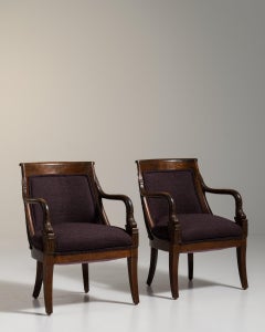 Early 20th Century Wood Pair of Empire Upholstered Armchairs