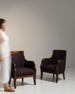 Early 20th Century Wood Pair of Empire Upholstered Armchairs