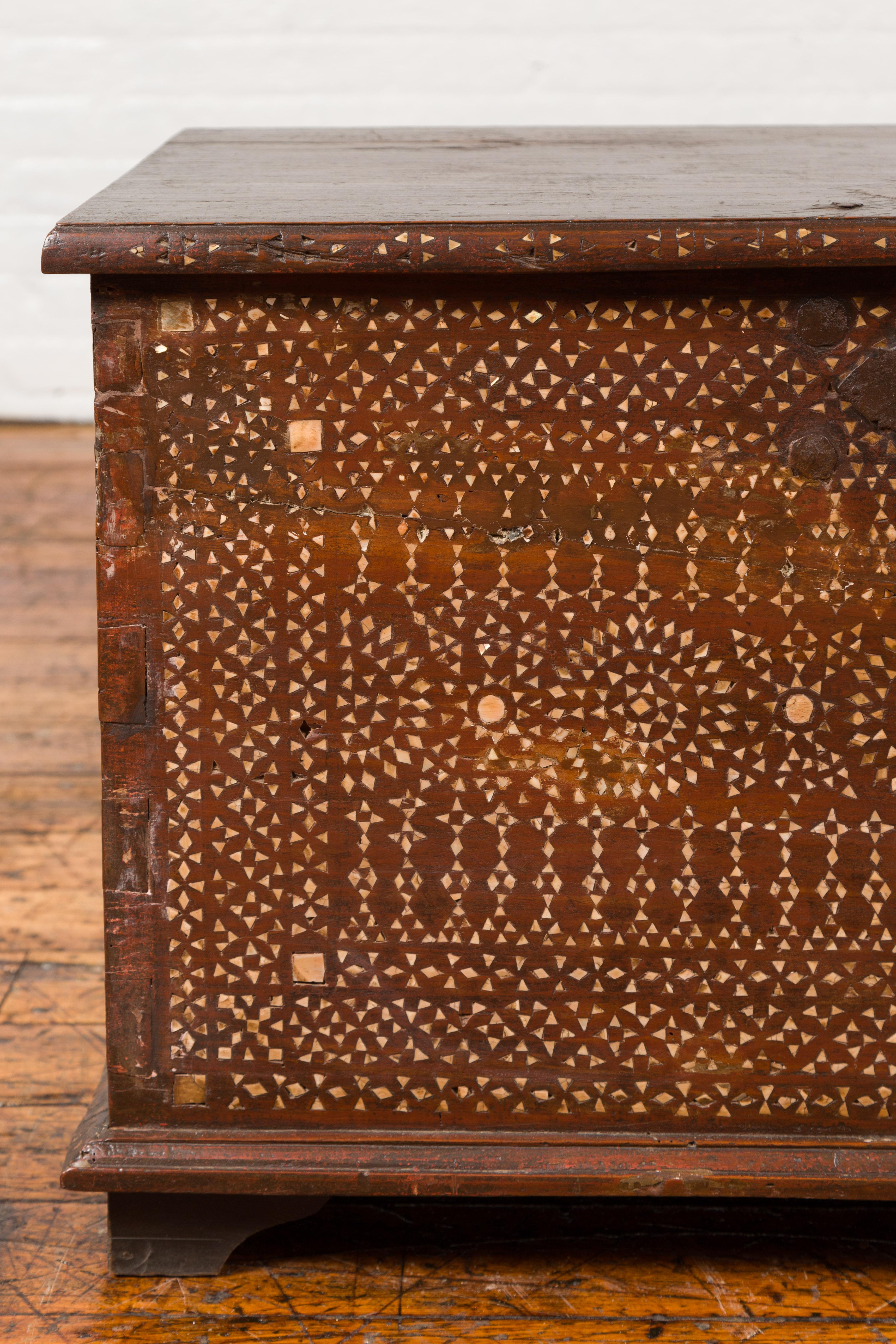 Iron Early 20th Century Wooden Blanket Chest from Jakarta with Mother of Pearl Inlay