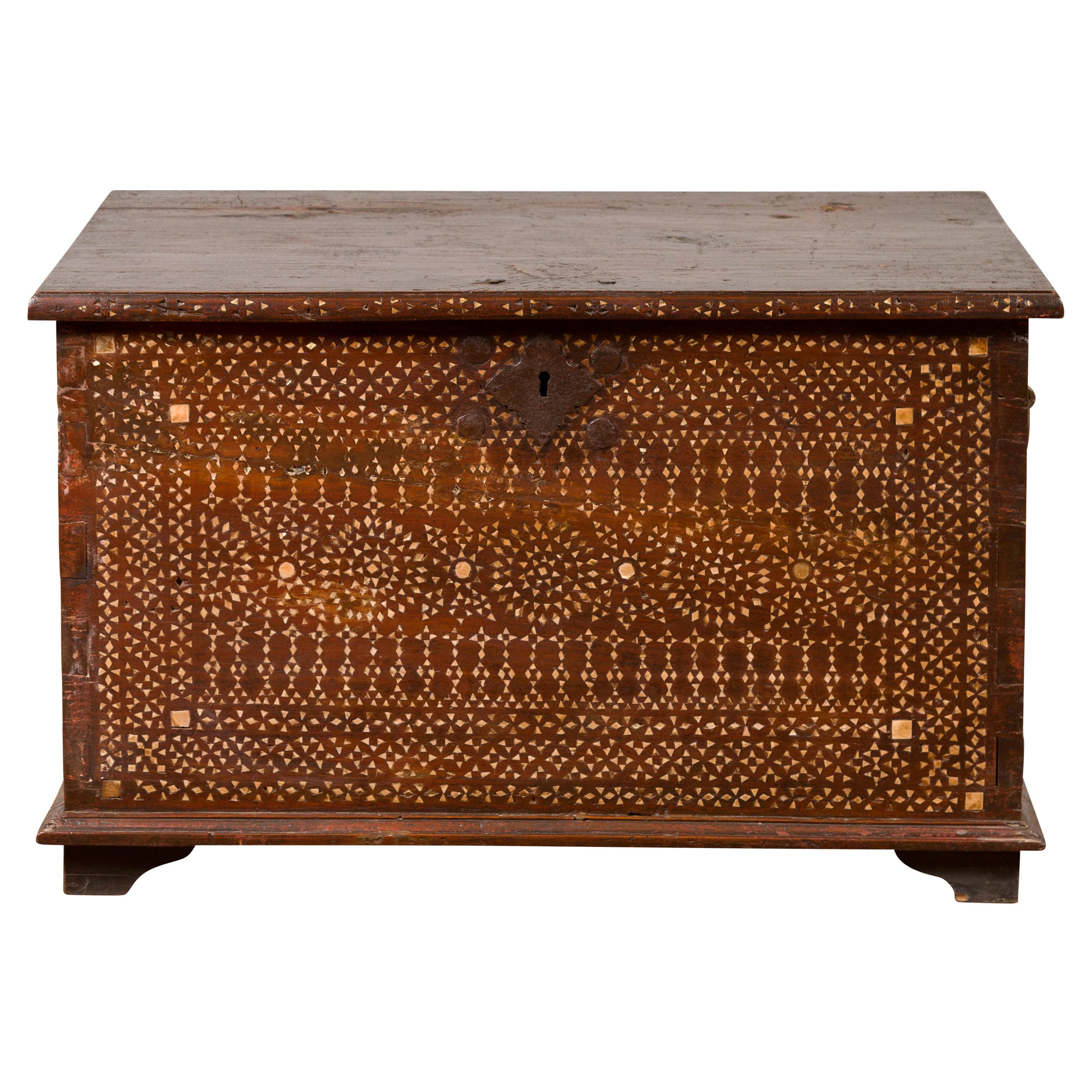 Early 20th Century Wooden Blanket Chest from Jakarta with Mother of Pearl Inlay