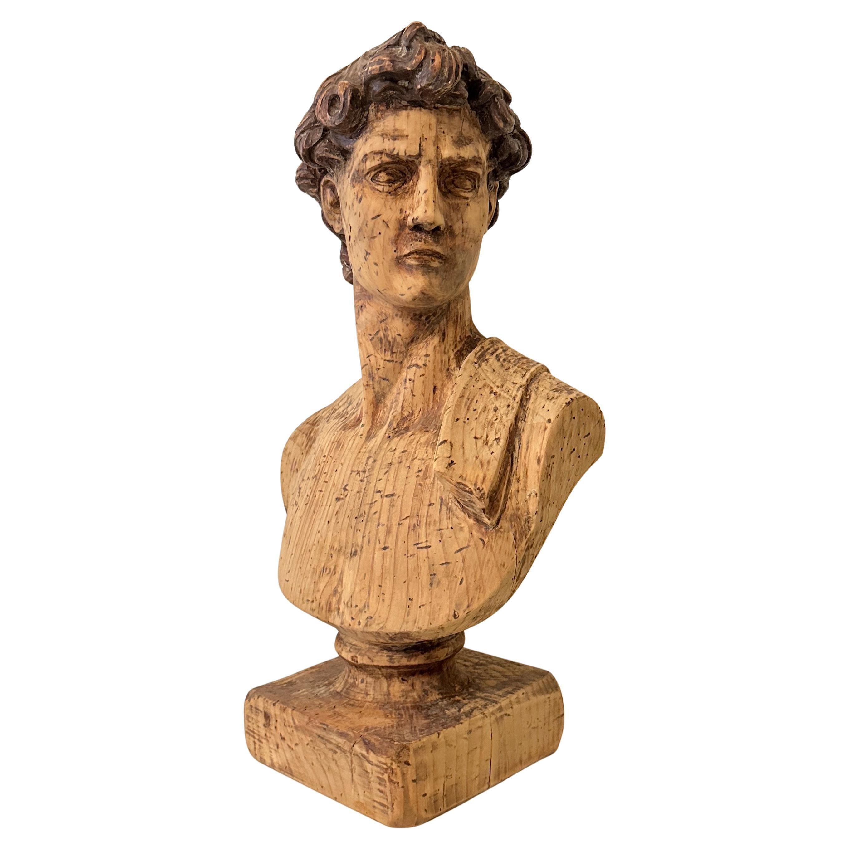 Early 20th Century Wooden Carved Bust of David, Italy, around 1930