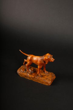 Early 20th Century Wooden Carved Hunting Dog Signed Jolliet Jules Dated 1936