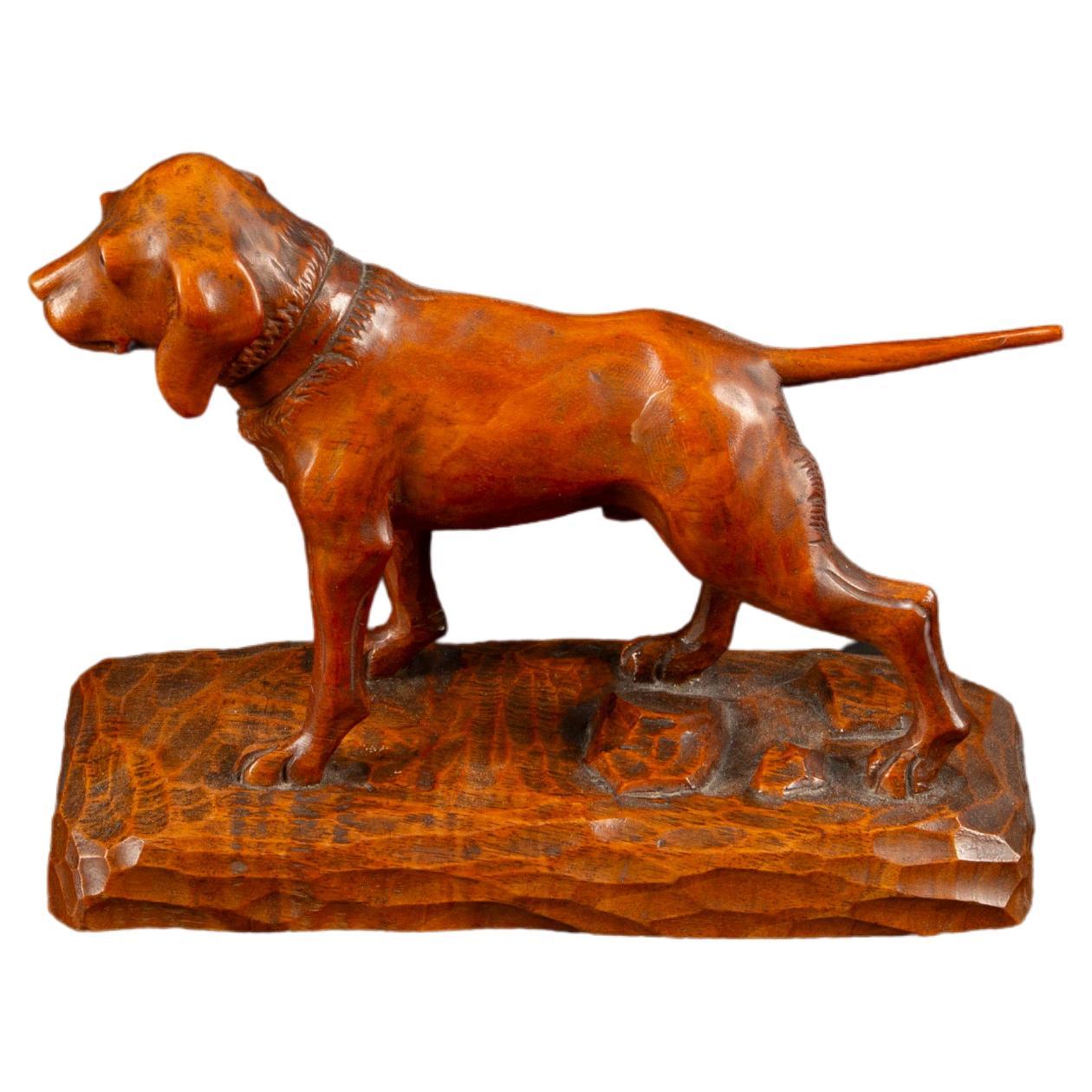 Early 20th Century Wooden Carved Hunting Dog Signed Jolliet Jules Dated 1936