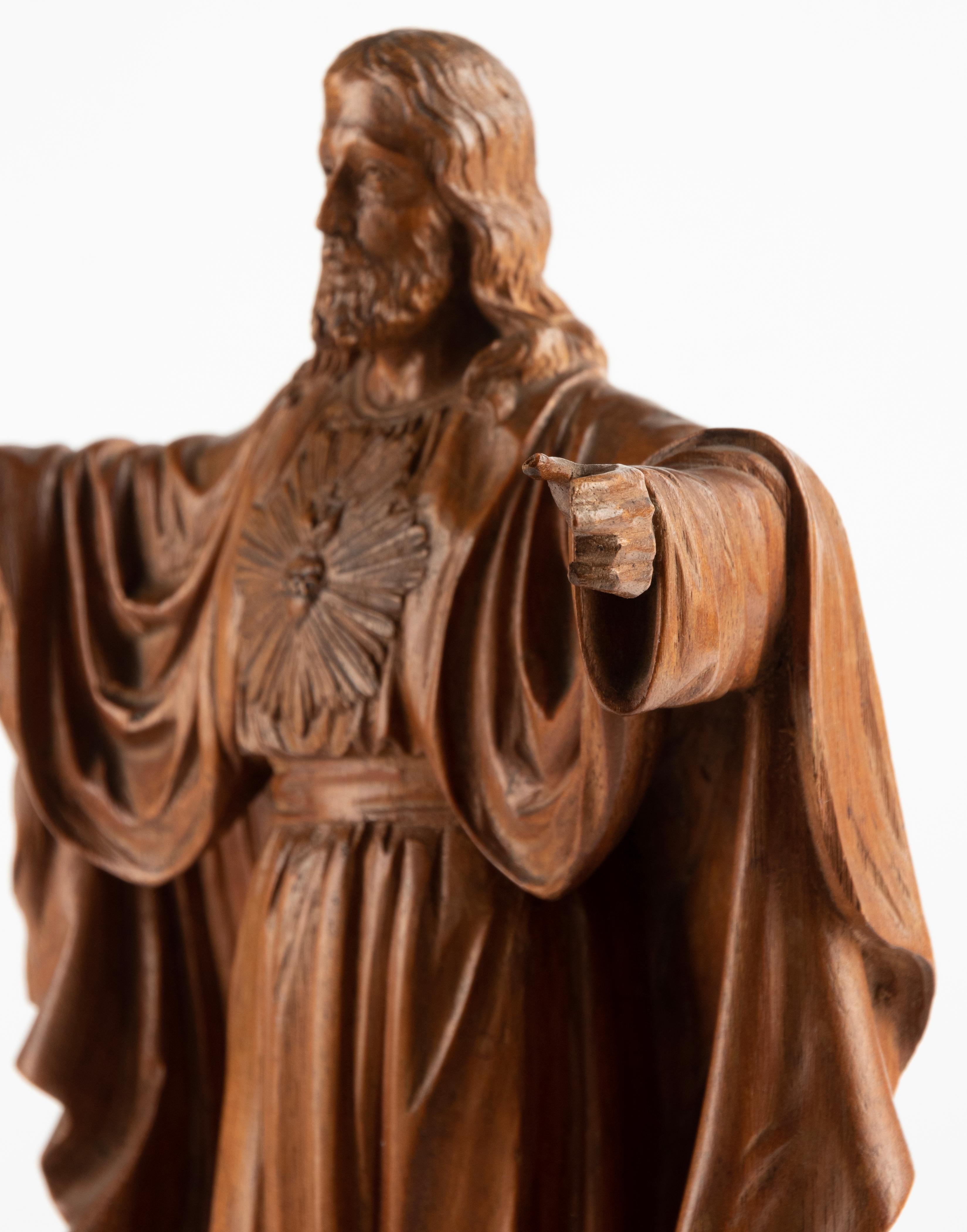 Early 20th century Wooden Sculpture Sacred Heart of Jesus Christ with Open Arms 2