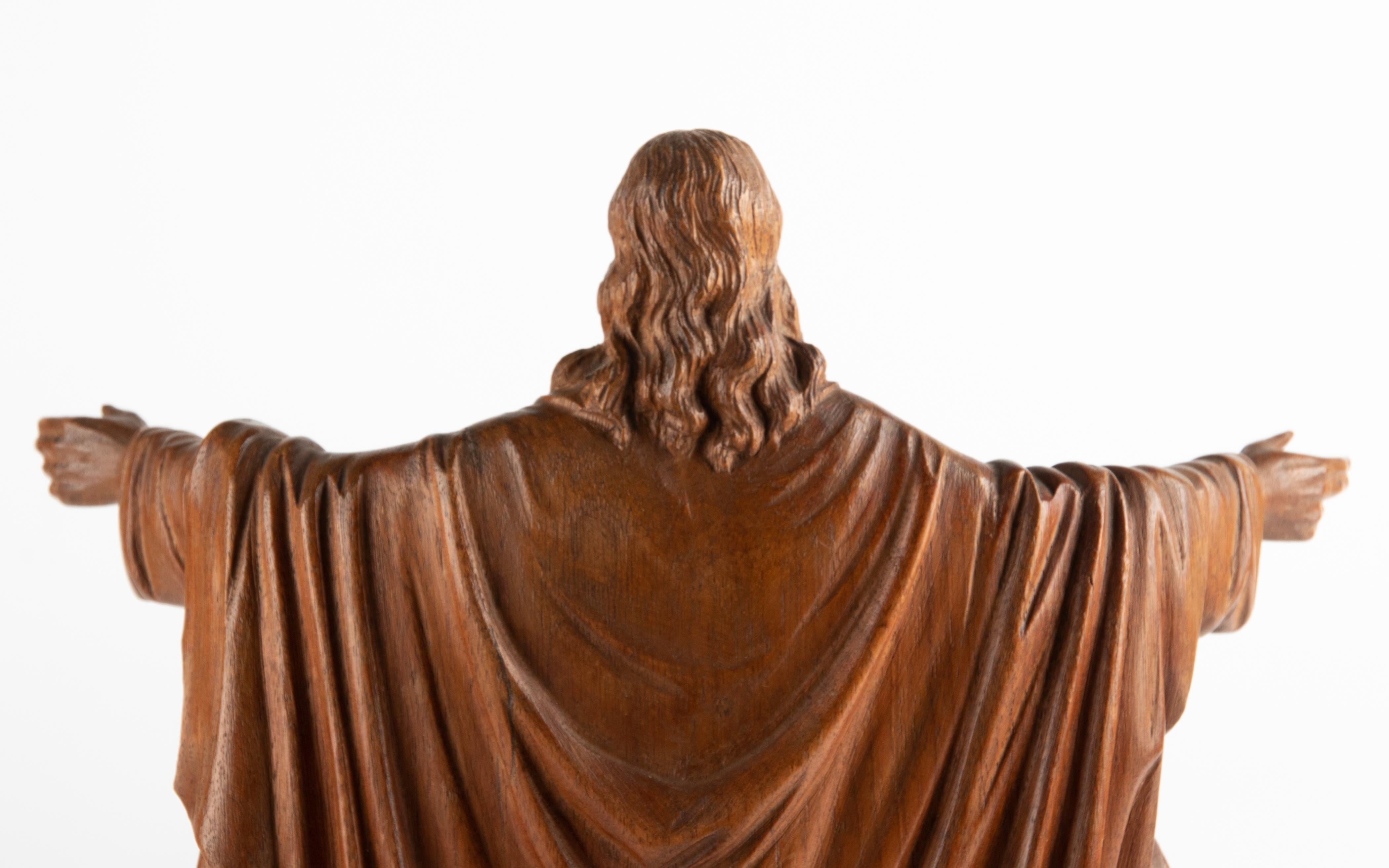 Early 20th century Wooden Sculpture Sacred Heart of Jesus Christ with Open Arms 8