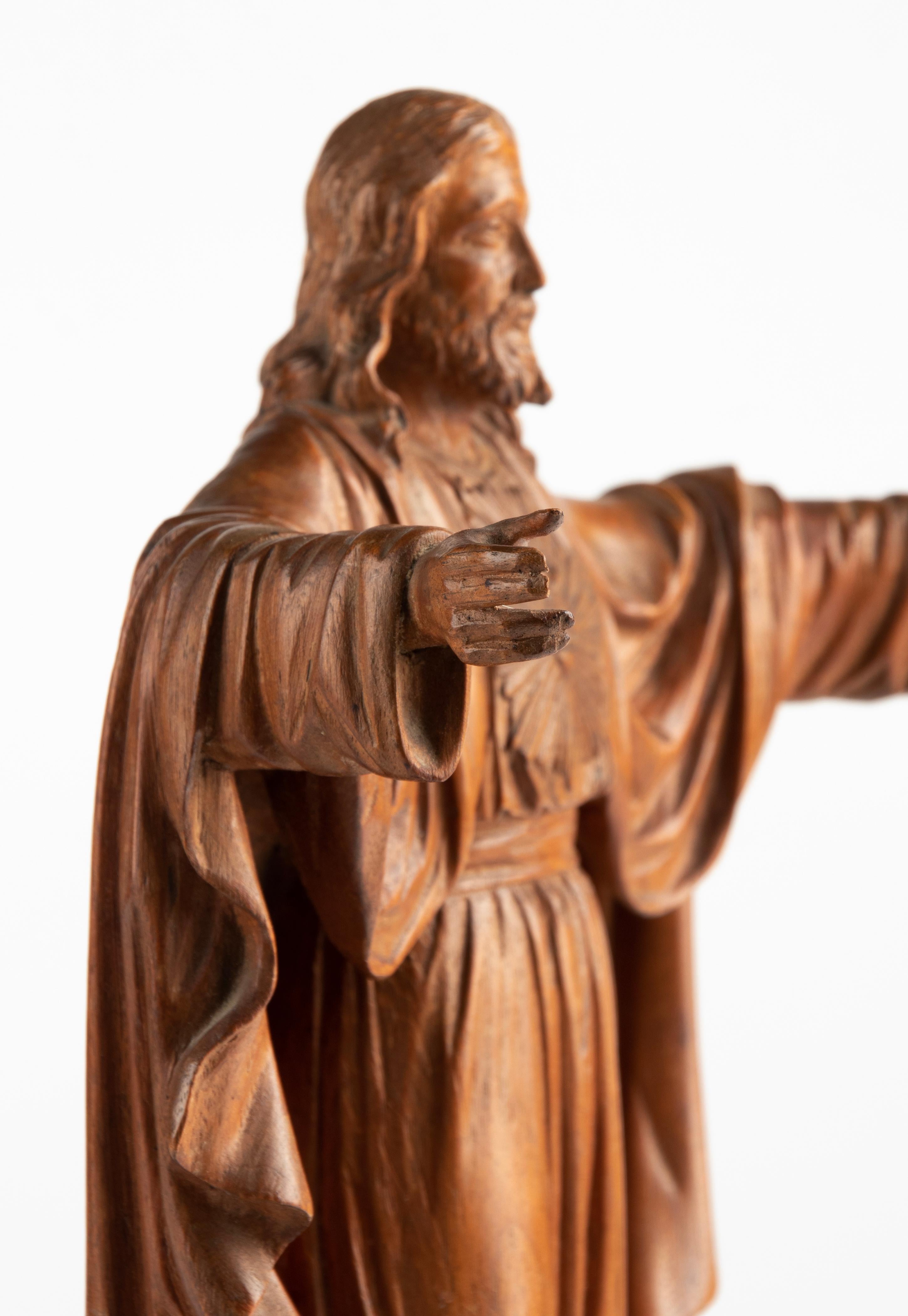 French Early 20th century Wooden Sculpture Sacred Heart of Jesus Christ with Open Arms