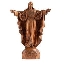 Early 20th century Wooden Sculpture Sacred Heart of Jesus Christ with Open Arms 