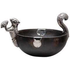 Early 20th Century Wooden Serving Bowl with Silver Plated Squirrel