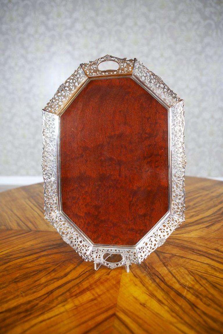 European Early-20th Century Wooden Tray With Metal Openwork Border For Sale