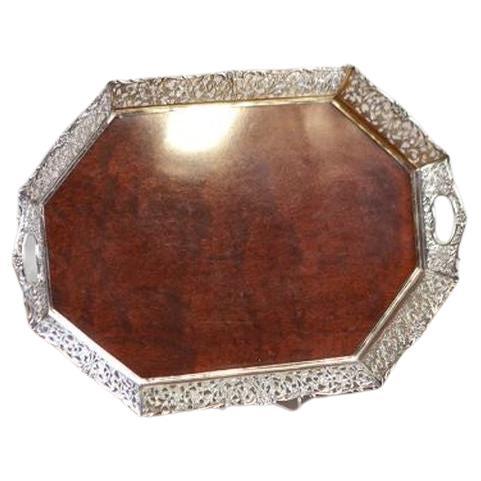 Early-20th Century Wooden Tray With Metal Openwork Border For Sale
