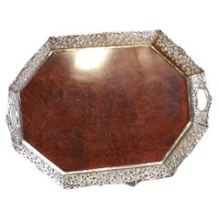 Early-20th Century Wooden Tray With Metal Openwork Border