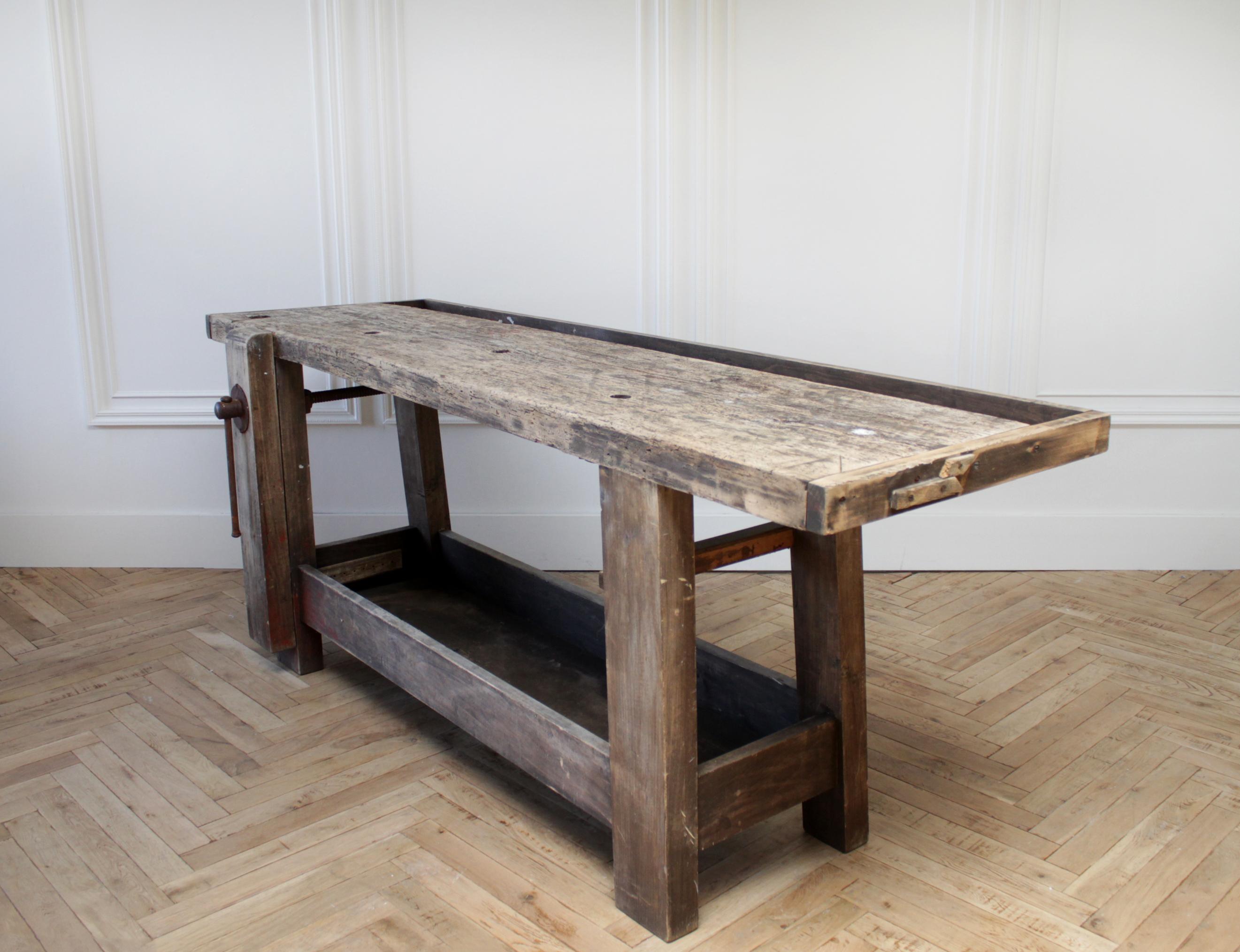 Rustic Early 20th Century Work Console Table with Original Hardware