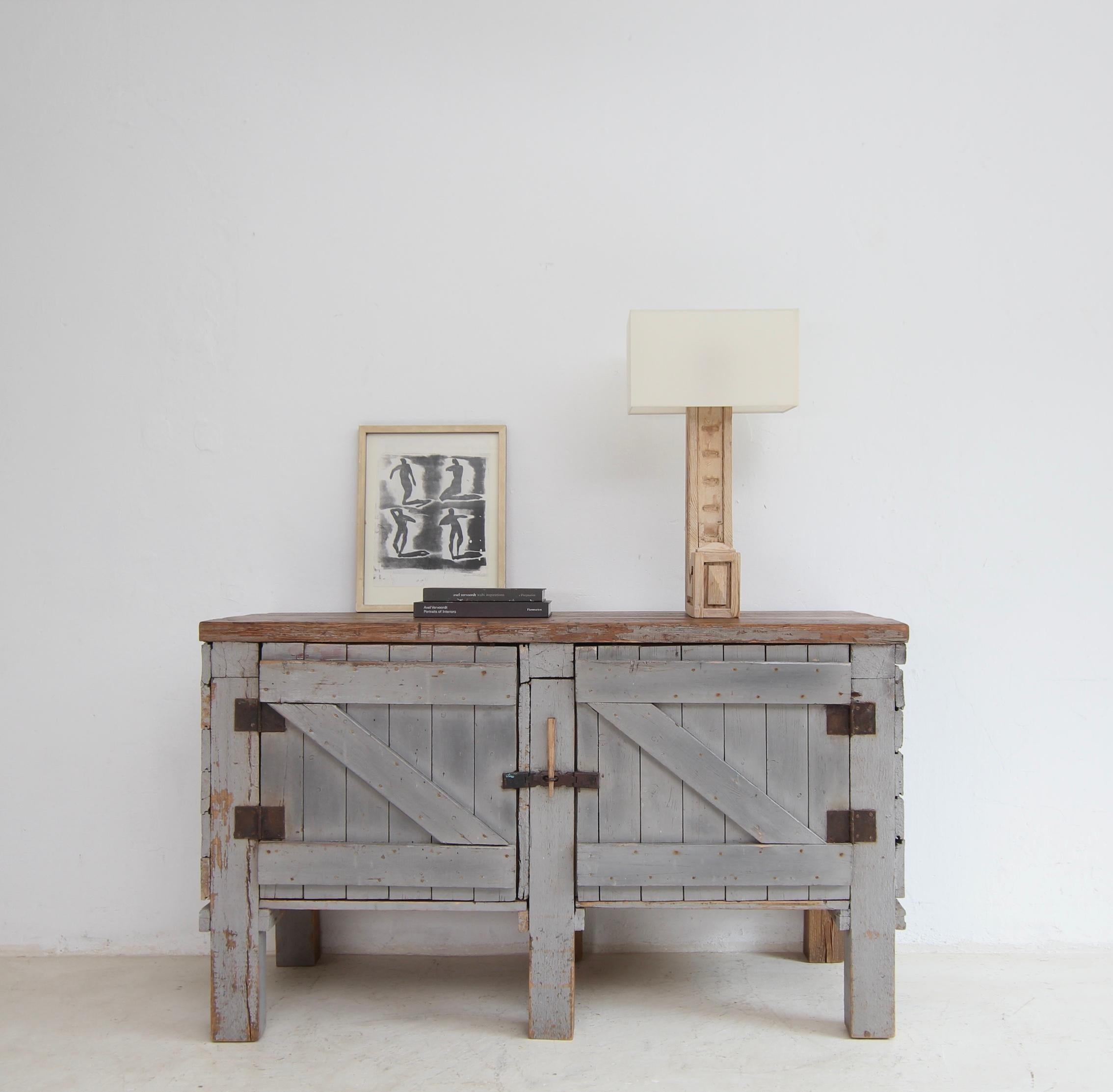 A beautiful workbench or workshop cabinet from the first half of the 20th century. Solidly crafted from pine wood. Ready for everyday use. 

An extremely decorative one-of-a-kind piece with attractive original patina. Ideal as a sideboard, with a