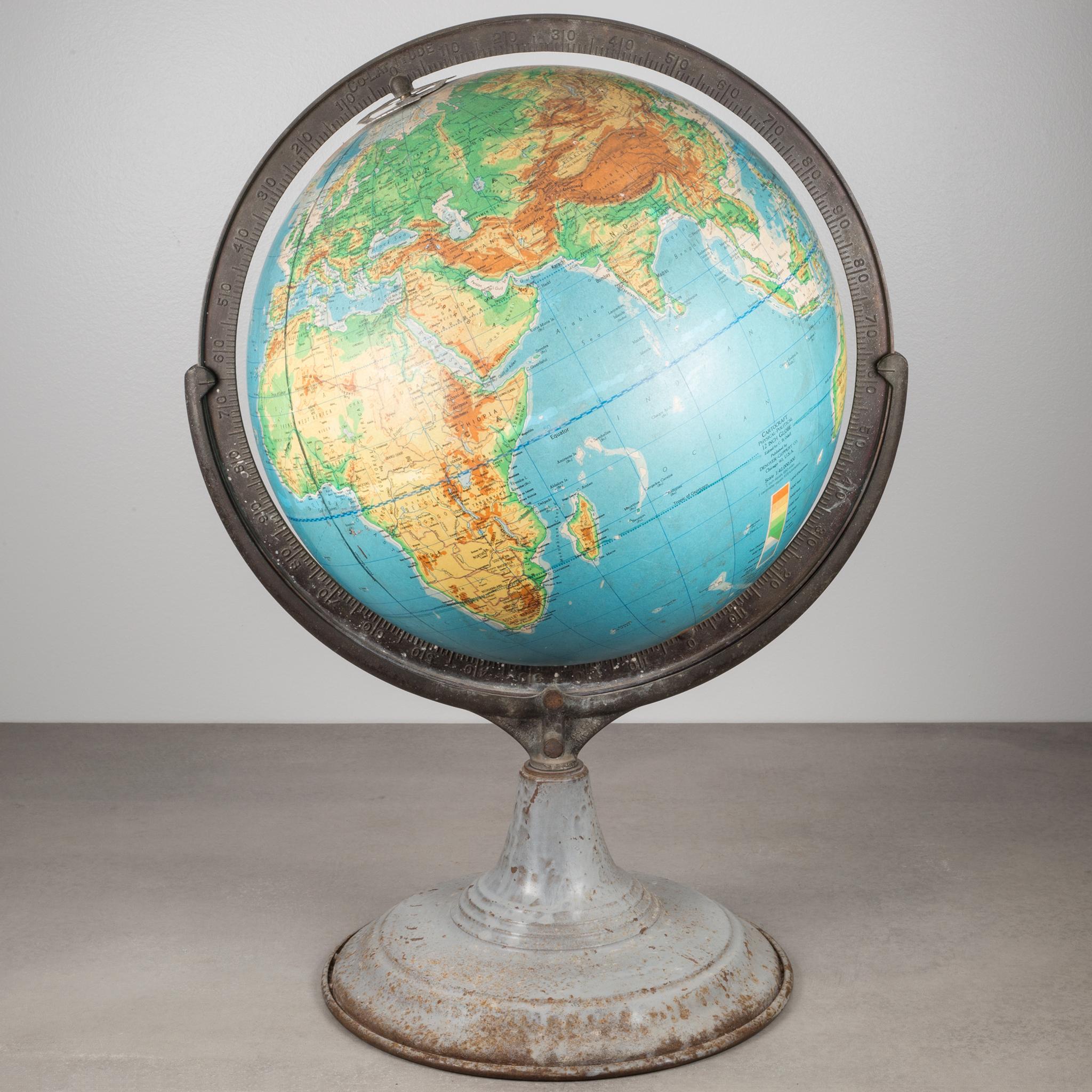 ABOUT

An original cartocraft physical/political 12 inch globe published by Denoyer-Geppert Company. The globe is a 1:42,000,000 scale. The globe is mounted on a metal base with a heavy steel bracket that adjusts within the bracket. A very unusual